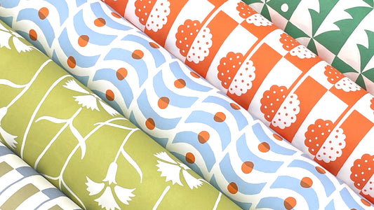 Image of five different geometric rolled patterned papers in colours of orange, lime, blue and green