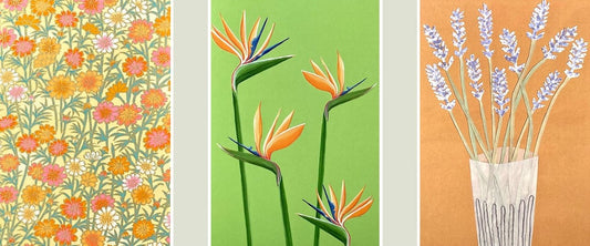Image of 3 greetings card with flower themes, in green, yellow and pink tones