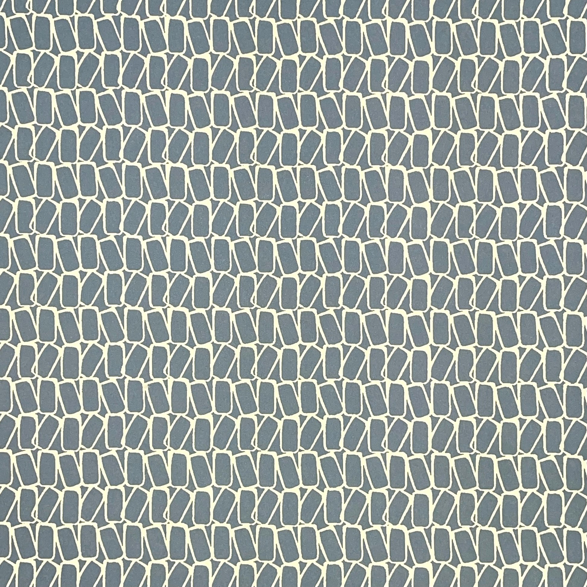 wrapping paper by Anne Davison Studio.  Creamy domino outlined shapes on a dusky blue background.