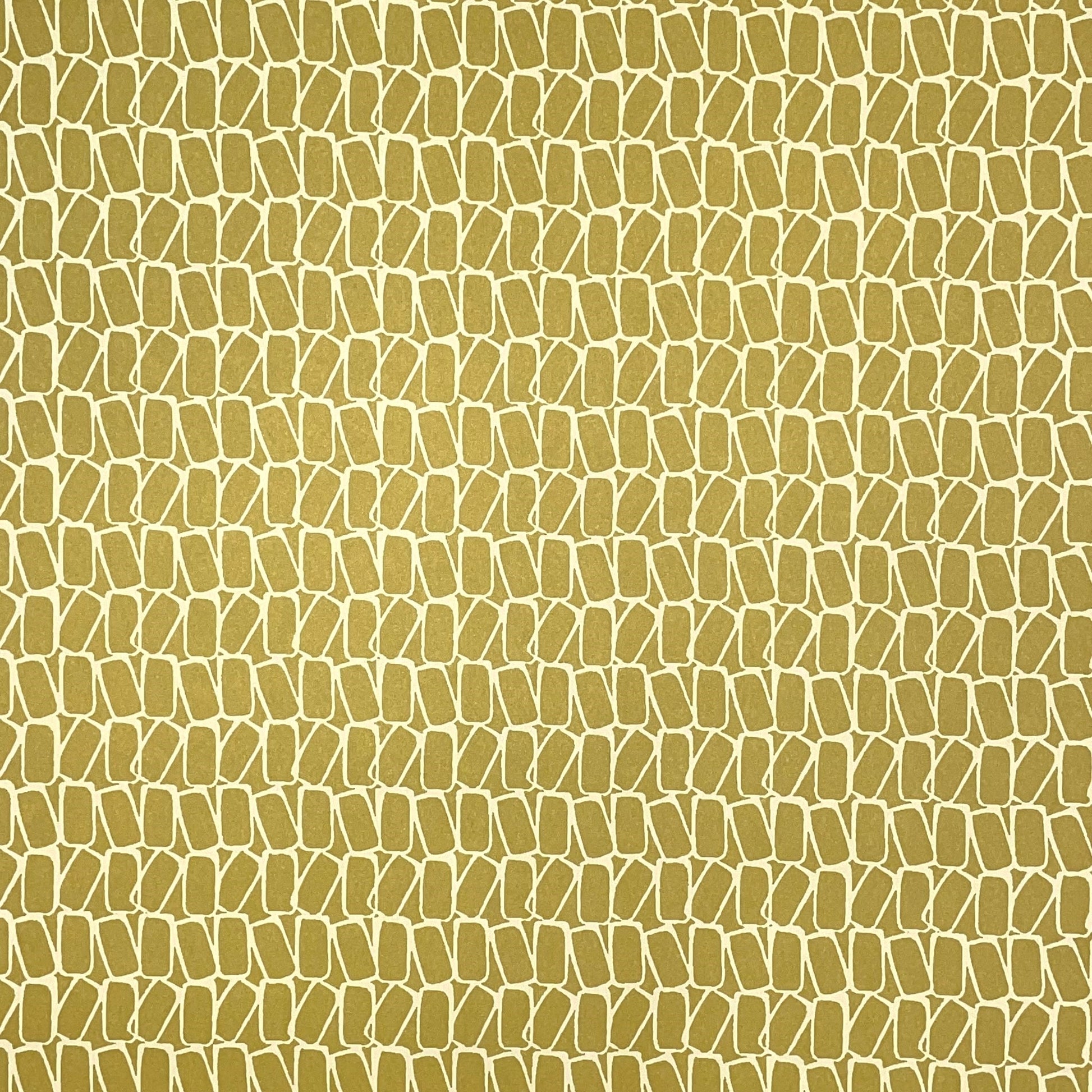 wrapping paper by Anne Davison Studio. Creamy domino outlined shapes on a mustard background.