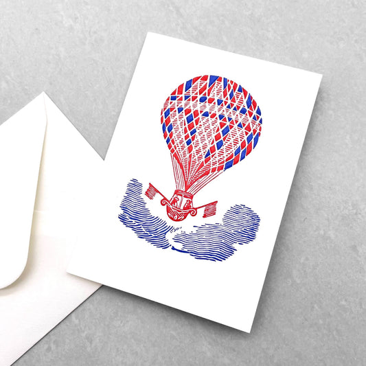 small greetings card of a red and blue hot air balloon, by Archivist Gallery