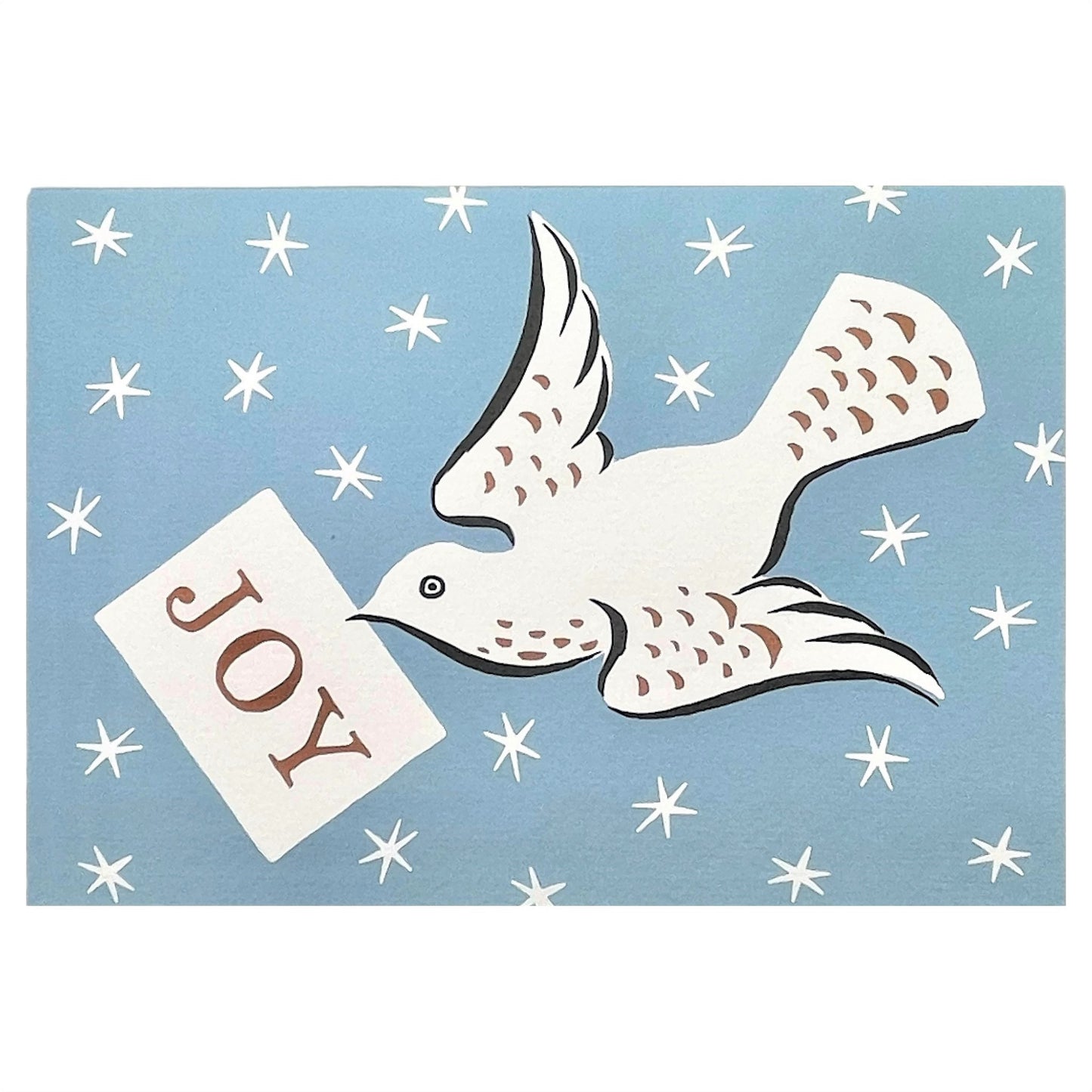 Greetings card of a dove flying in a starry sky with a message of joy, by Ariana Martin