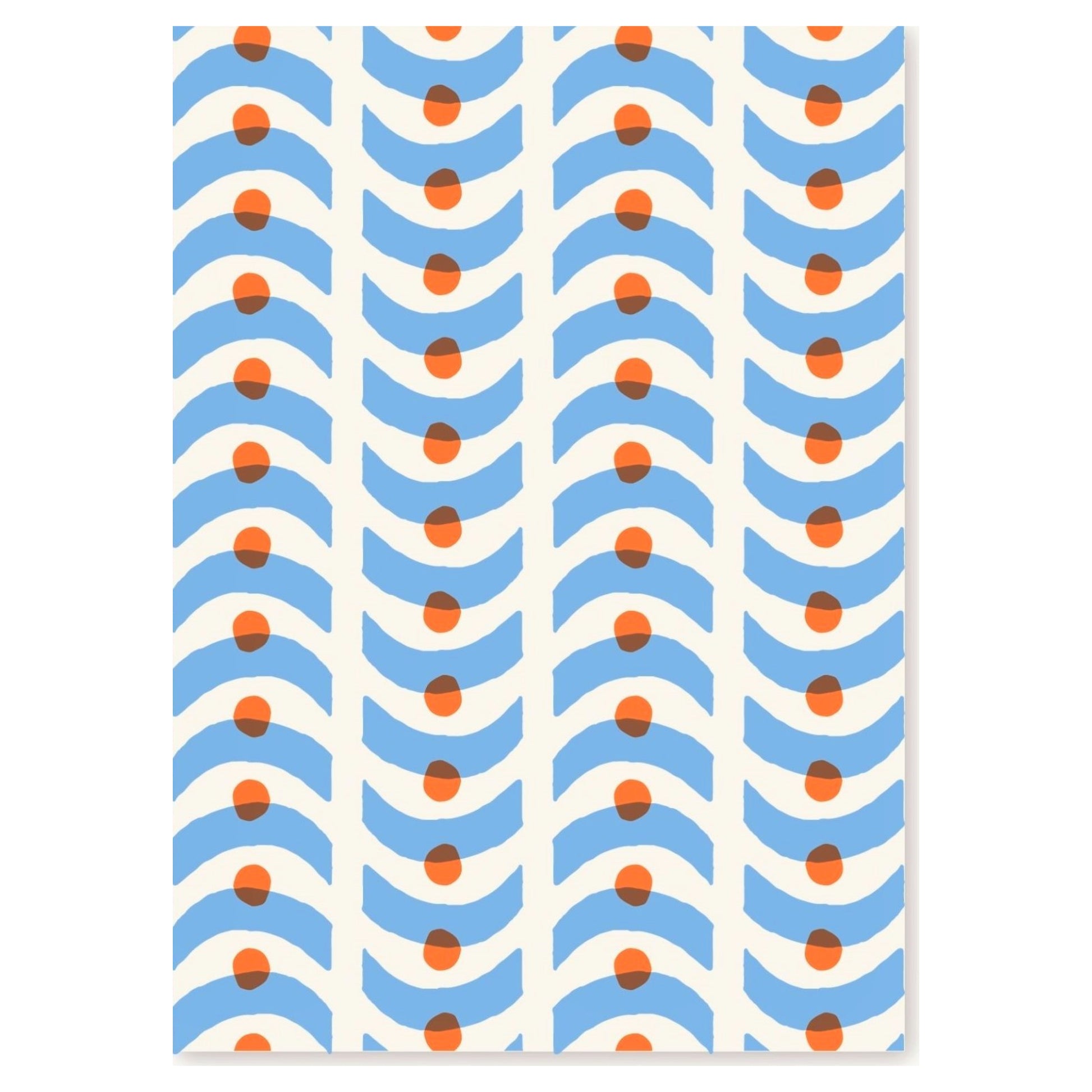 Greetings card with a geometric pattern in blue and orange on a white backdrop.  Card by Ariana Martin