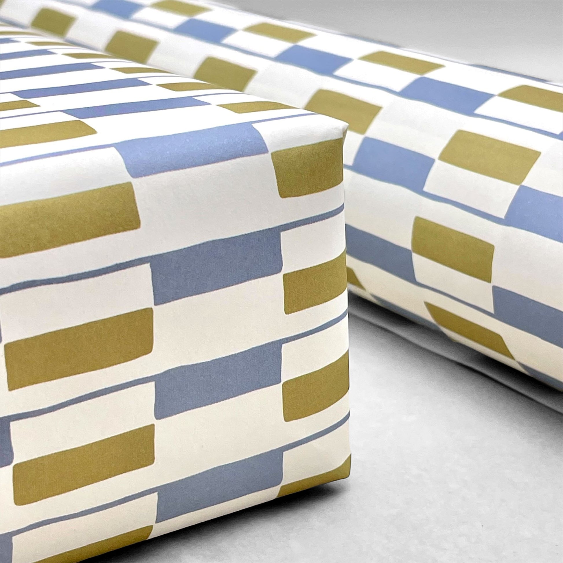 patterned paper gift wrap with a geometric blue and green rectangular design on white background, by Ariana Martin