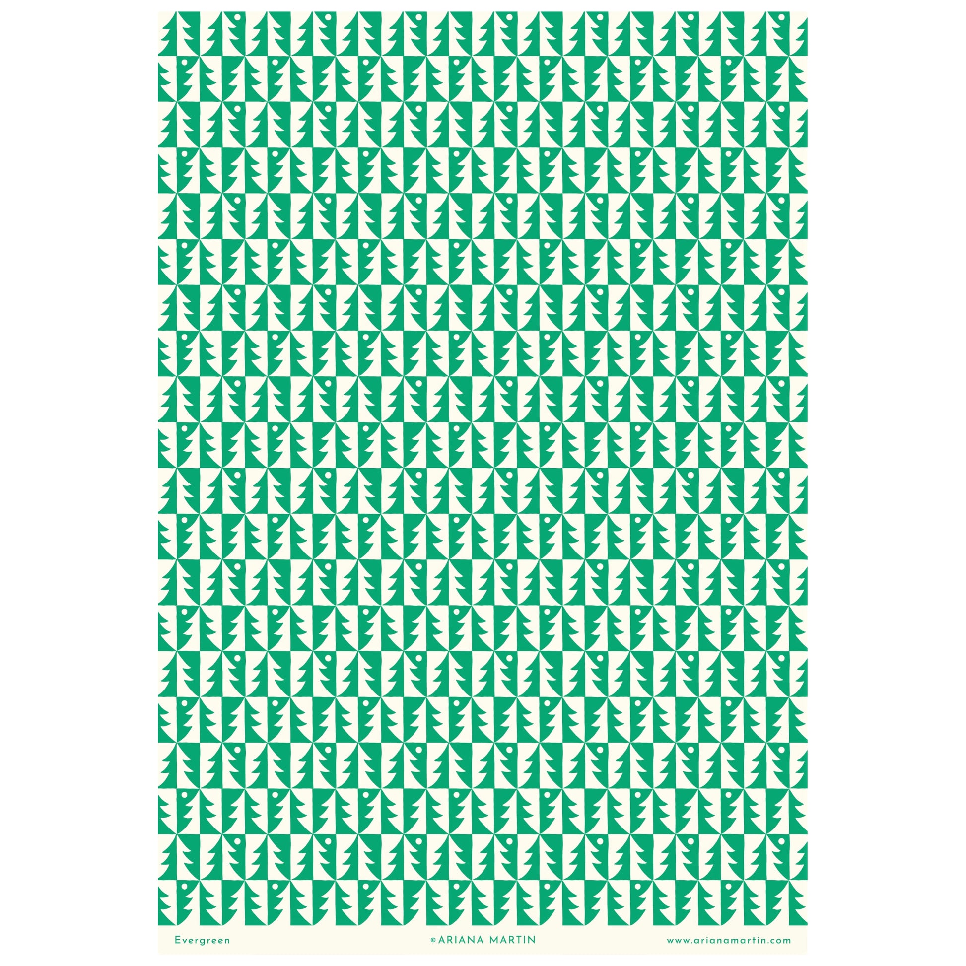 patterned paper, gift wrap, with all over pattern of green and white trees, by Ariana Martin, pictured with other papers, full sheet view