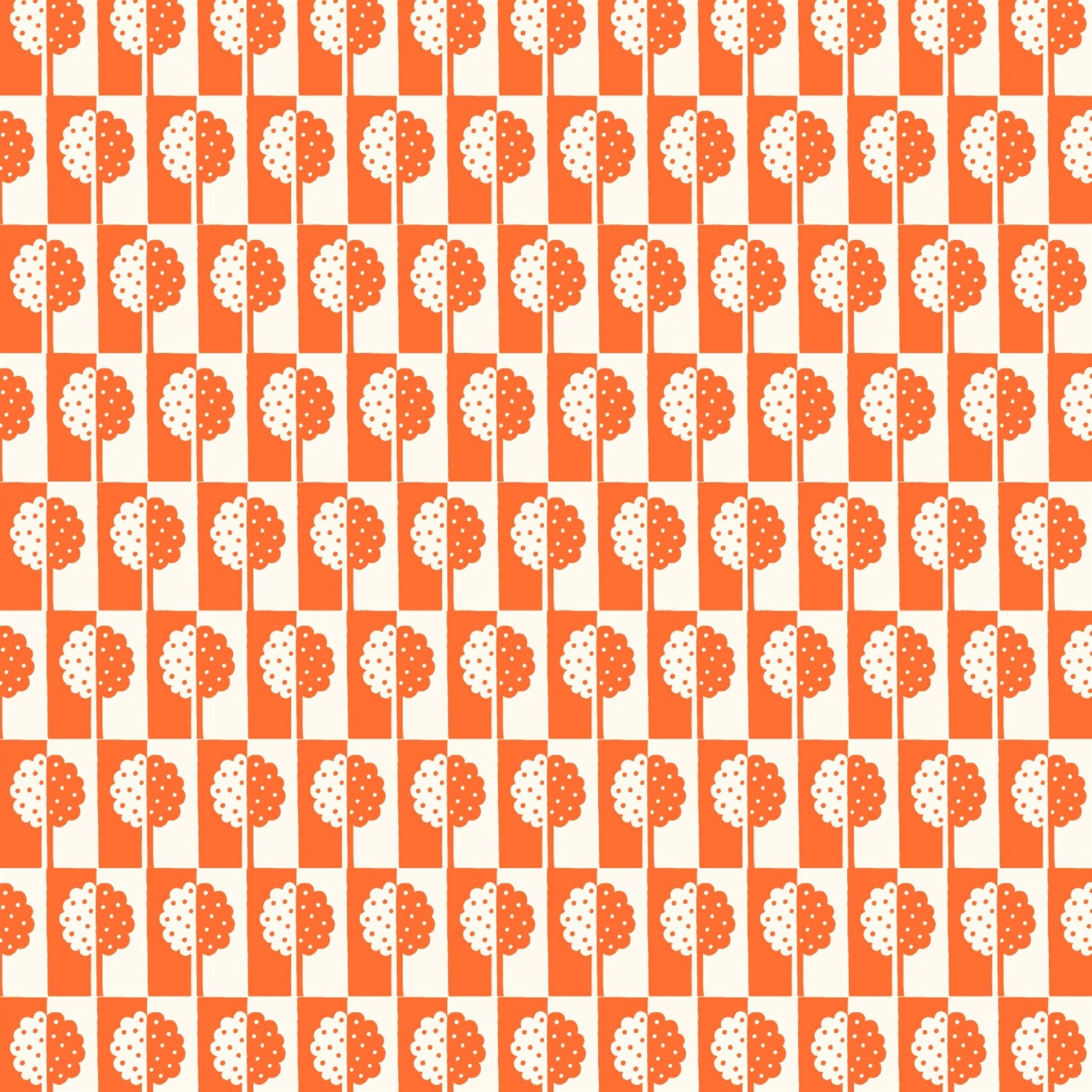 patterned paper, gift wrap, with all-over holly tree design in bright orange and white, by Ariana Martin