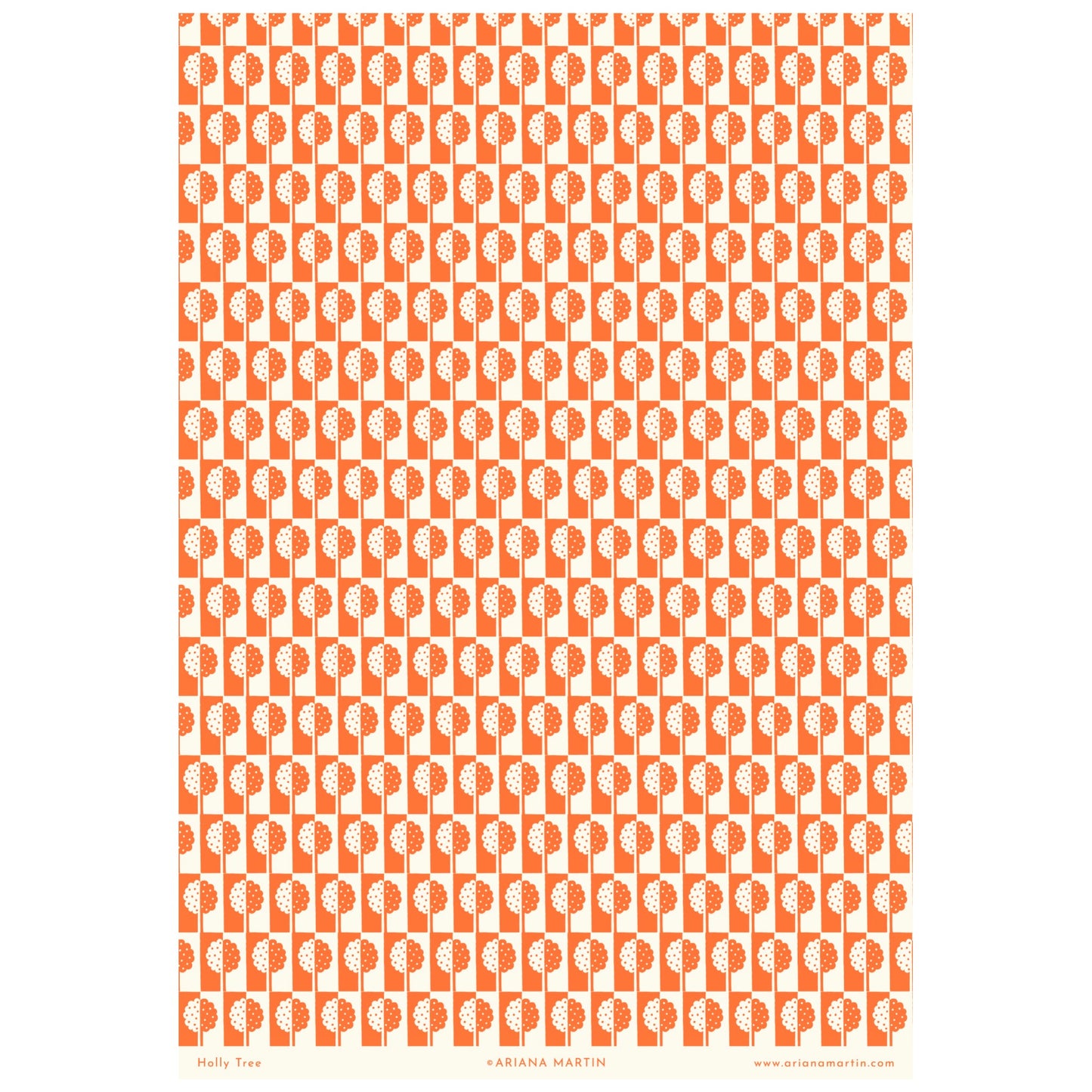 patterned paper, gift wrap, with all-over holly tree design in bright orange and white, by Ariana Martin, full sheet view