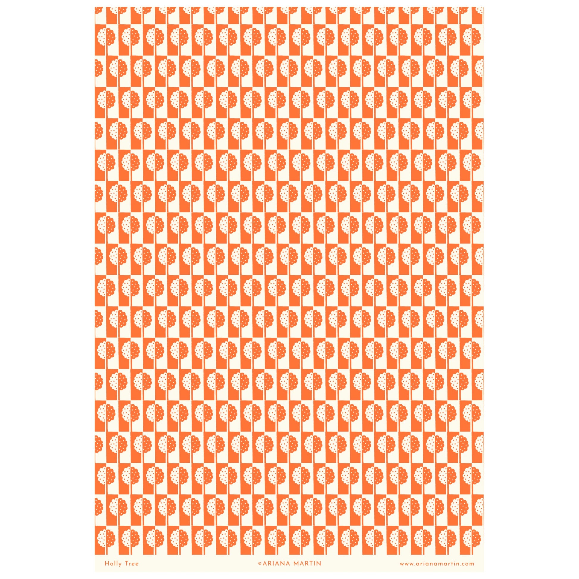 patterned paper, gift wrap, with all-over holly tree design in bright orange and white, by Ariana Martin, full sheet view