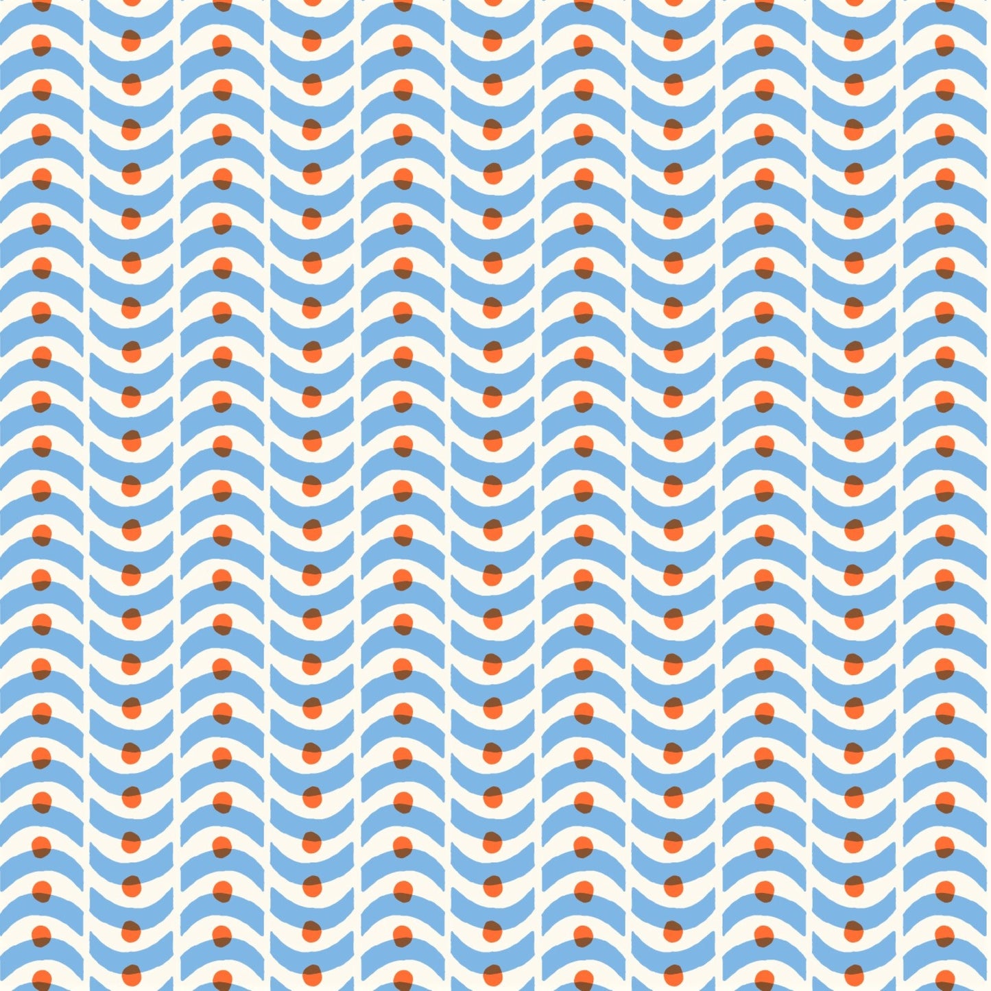 patterned paper, gift wrap with a geometric pale blue wavy pattern and orange dot. By Ariana Martin