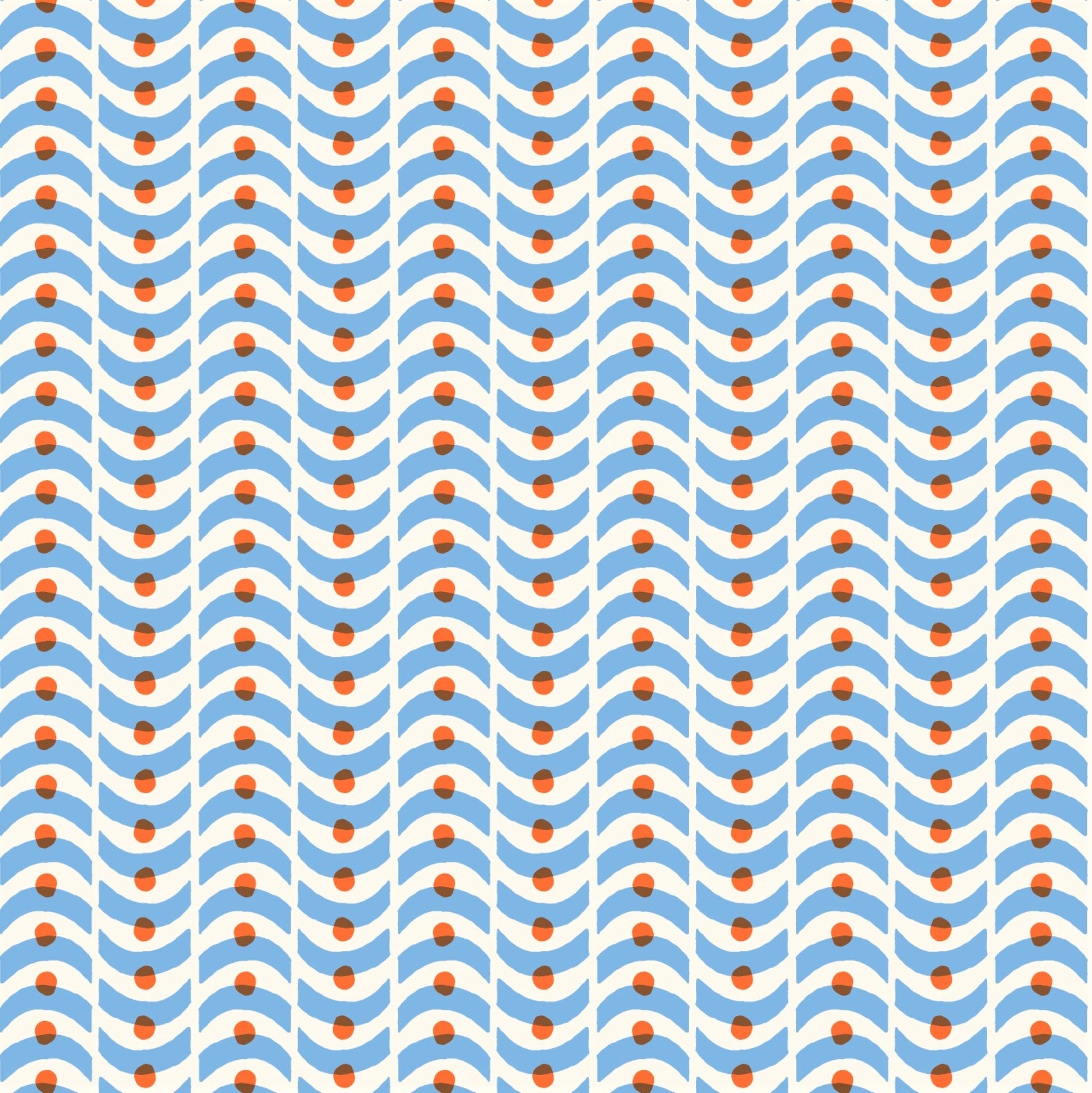 patterned paper, gift wrap with a geometric pale blue wavy pattern and orange dot. By Ariana Martin