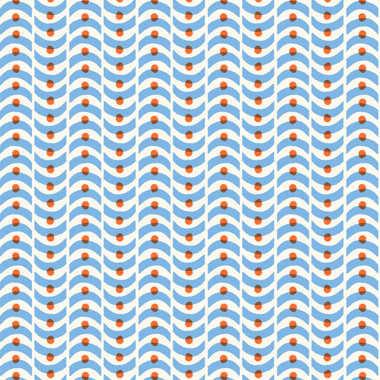 patterned paper, gift wrap with a geometric pale blue wavy pattern and orange dot. By Ariana Martin