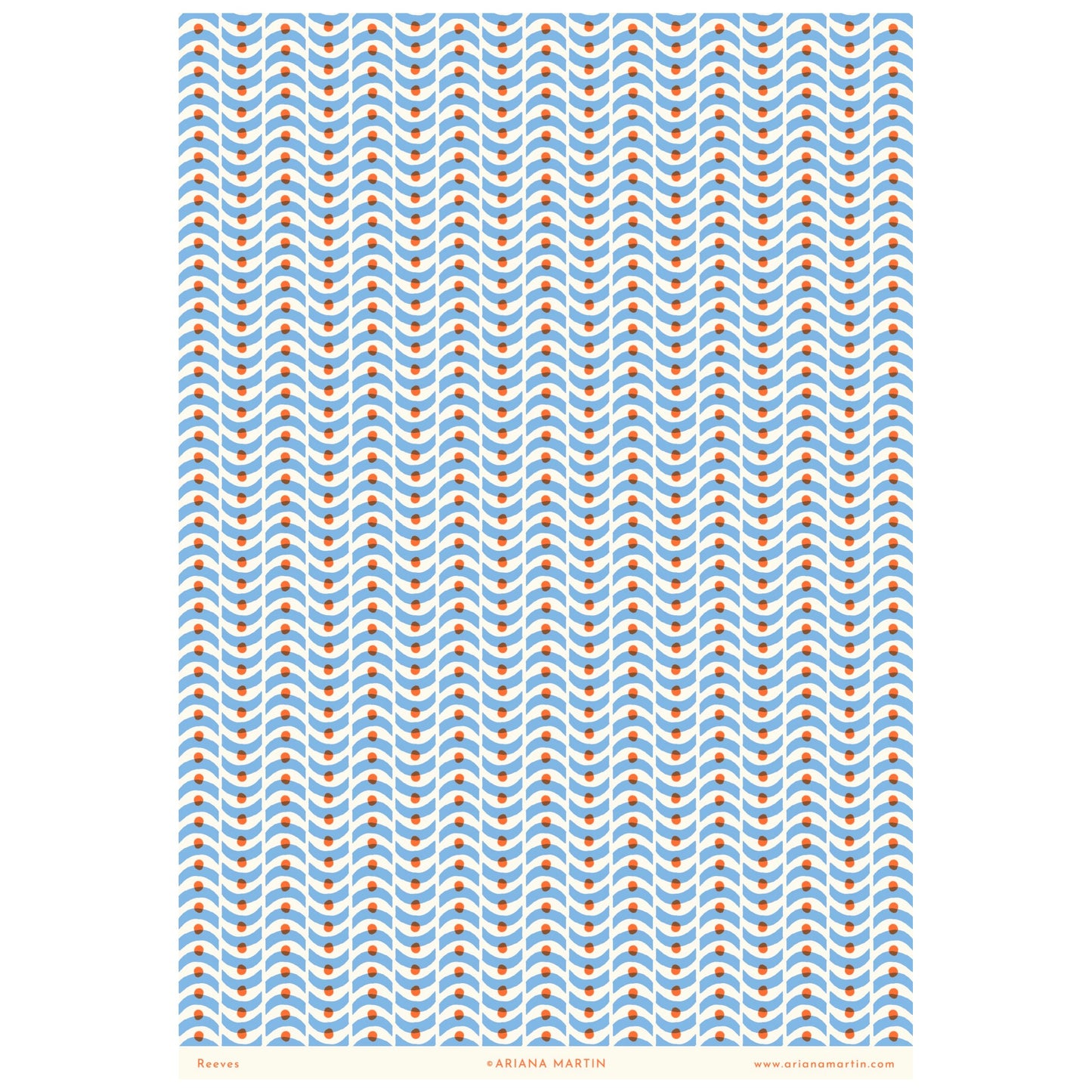 patterned paper, gift wrap with a geometric pale blue wavy pattern and orange dot. By Ariana Martin, full sheet pictured