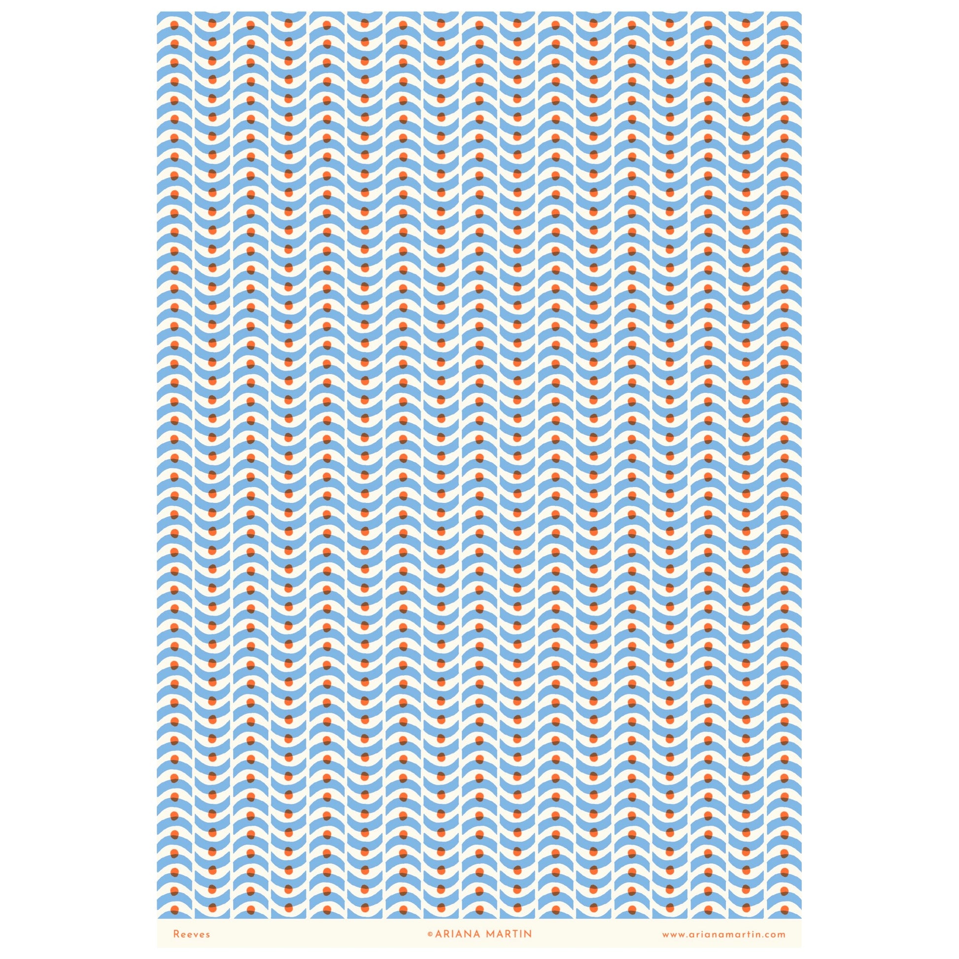 patterned paper, gift wrap with a geometric pale blue wavy pattern and orange dot. By Ariana Martin, full sheet pictured