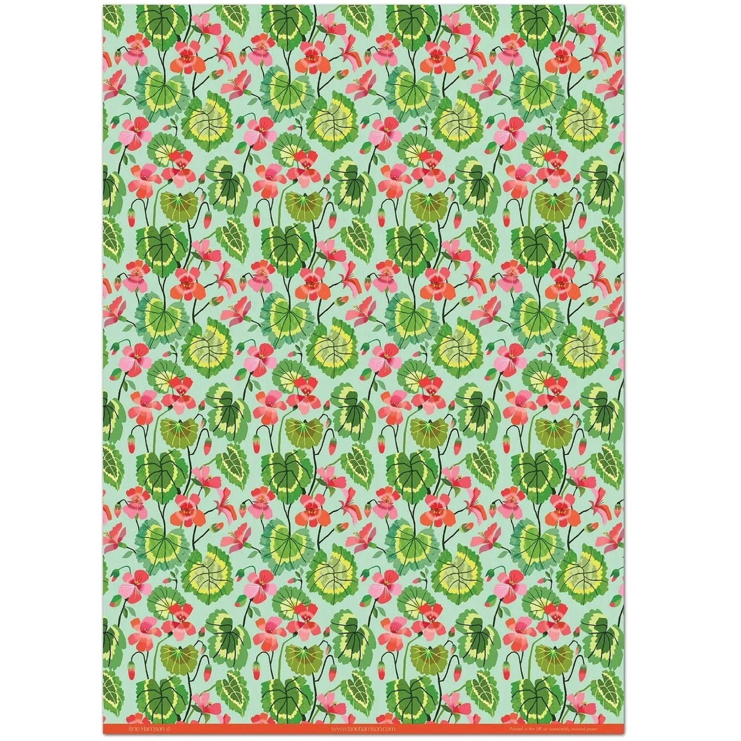 floral geranium patterned wrapping paper in pink, green and aqua.