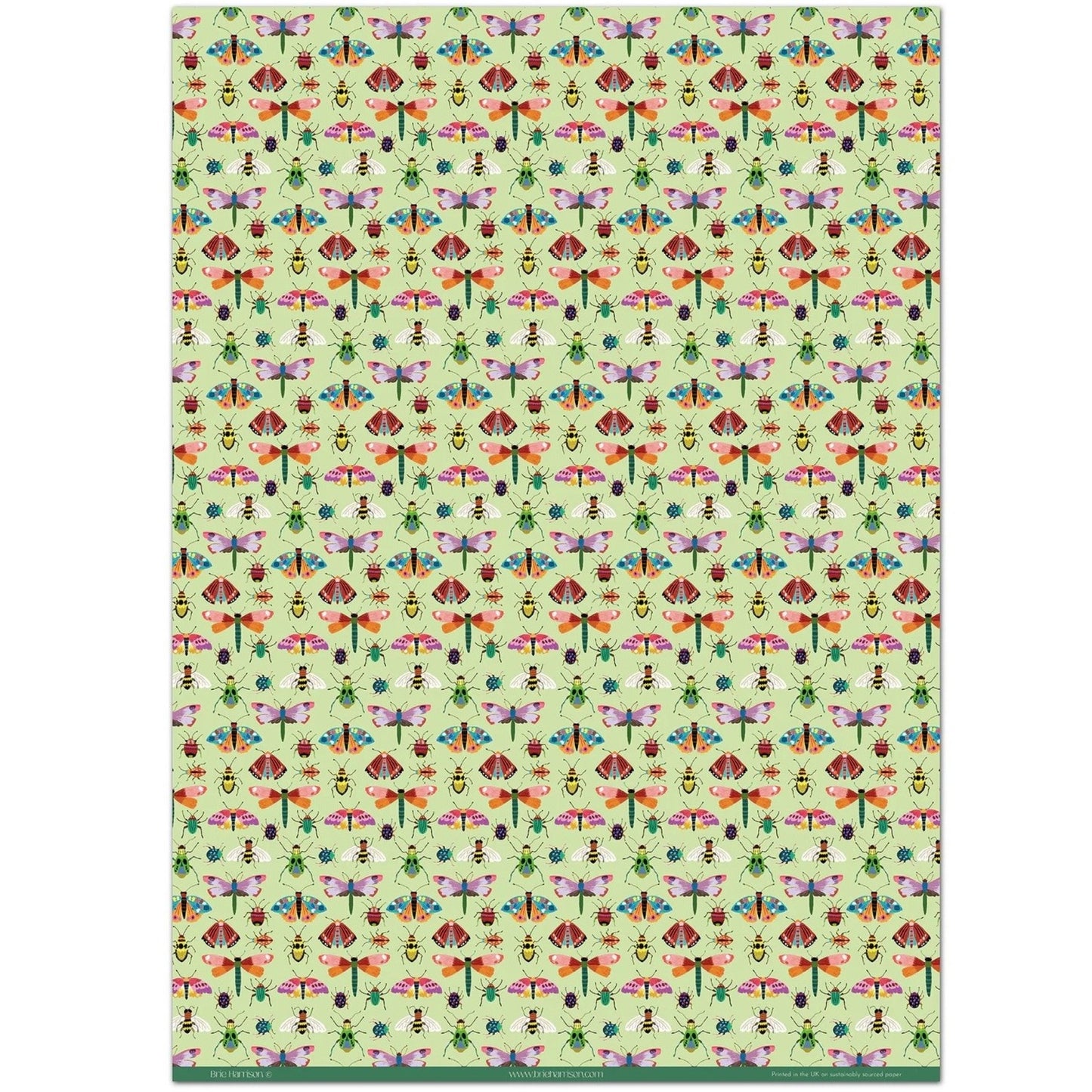 A sheet of wrapping paper with a pattern of colourful butterflies and insects on a light green background