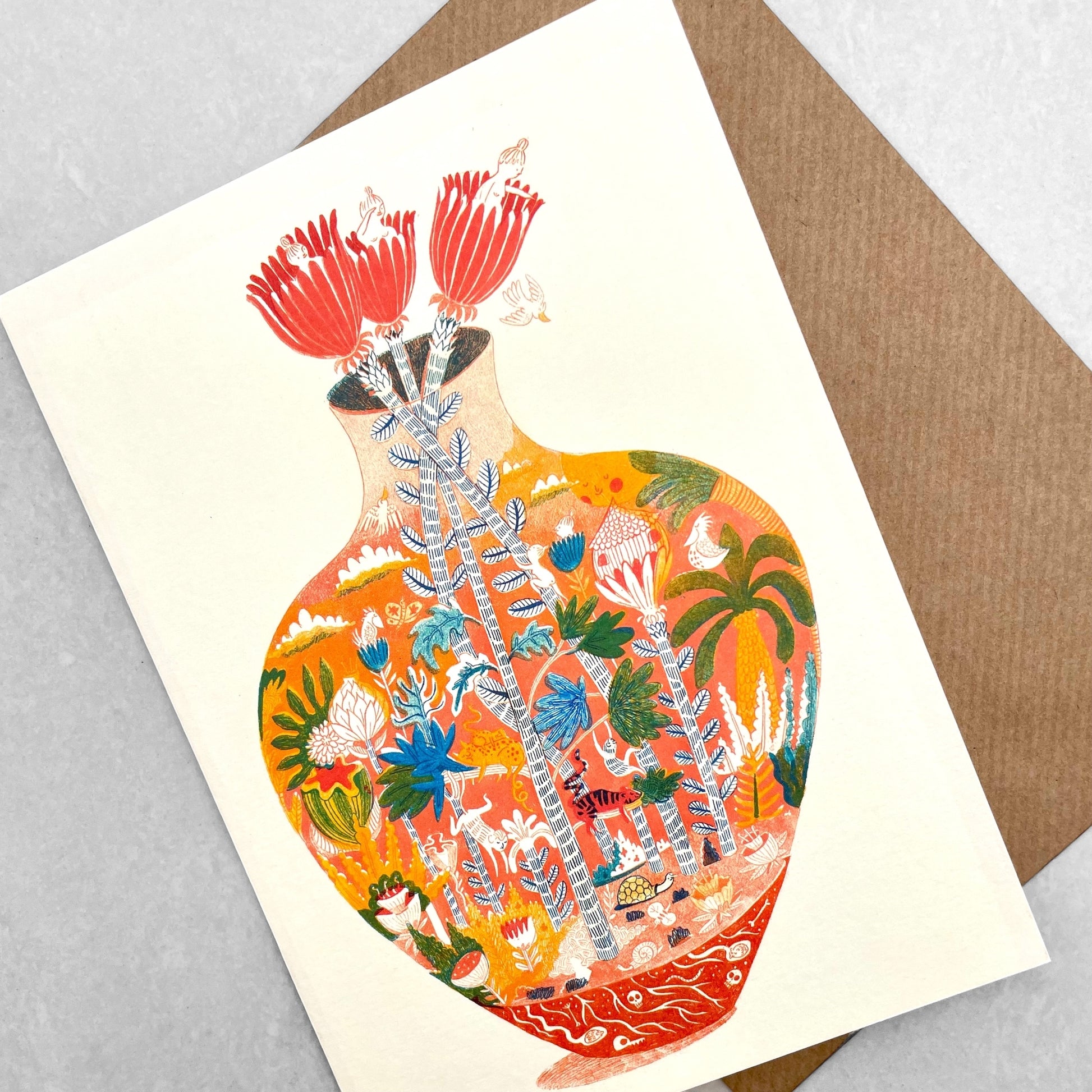 greetings card showing a vase with mythical botanical world inside by Canns Down Press