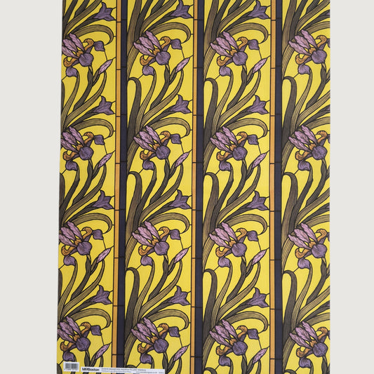 wrapping paper with a stylised pattern of lilac irises on a yellow background. Full sheet pictured