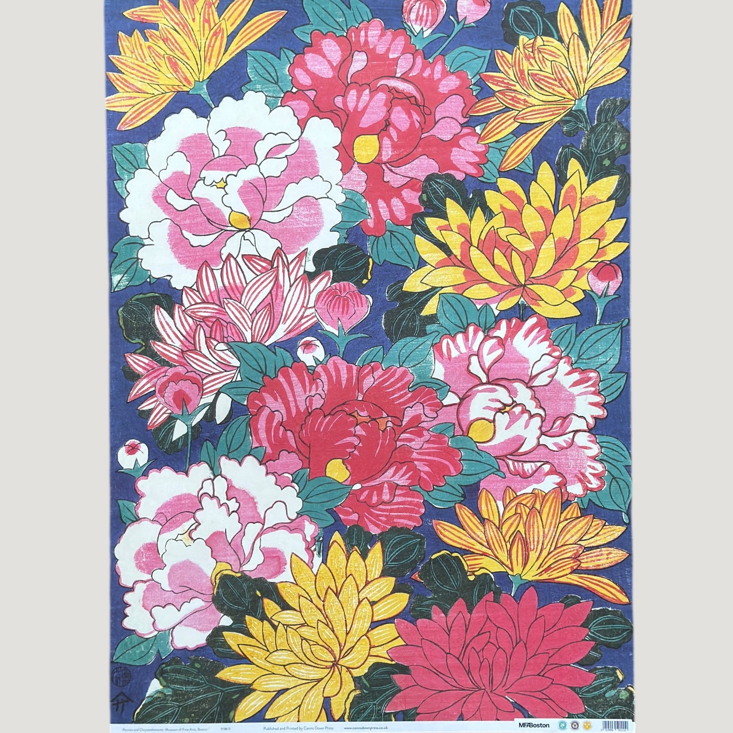 wrapping paper with a macro design of an abundance of peonies and chrysanthemums in pink, red, yellow on a dark blue backdrop. Full sheet