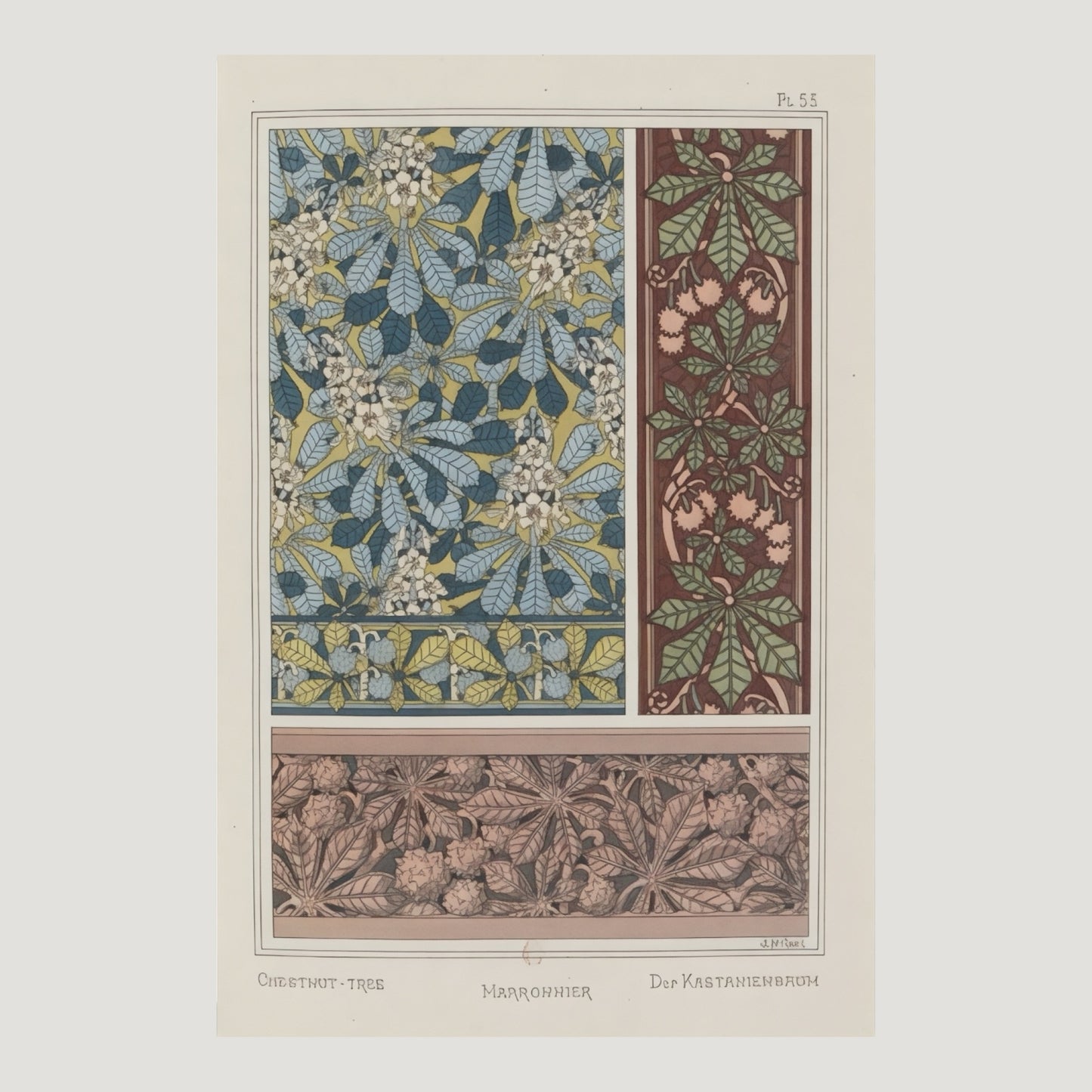 plate 53 from the book Plants and Their Application to Ornament by Eugene Grasset showing a pattern of stylised chestnut tree flowers