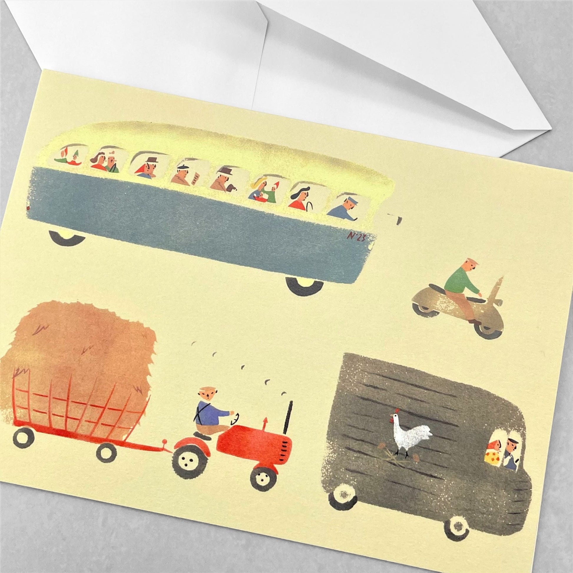 greetings card with drawings of vintage automobiles by Elizabeth Harbour