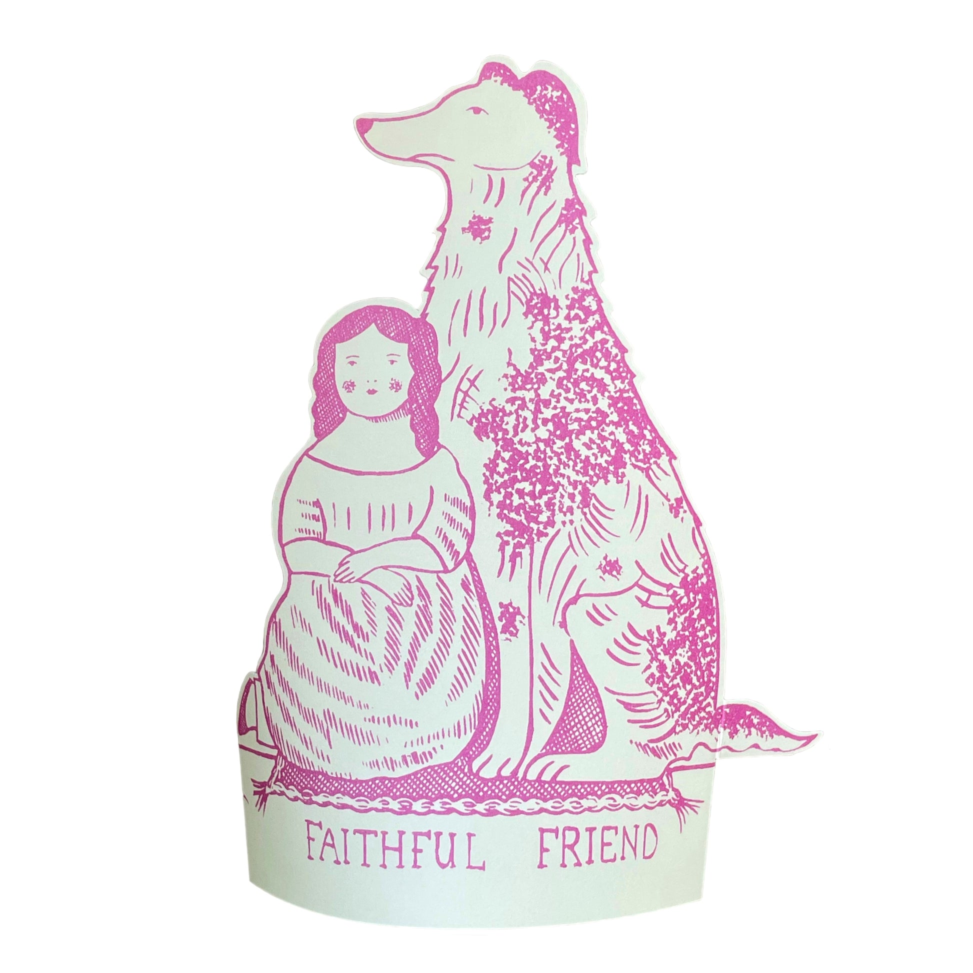 A cut-out and stand-up greetings card of a pink dog, by Elizabeth Harbour