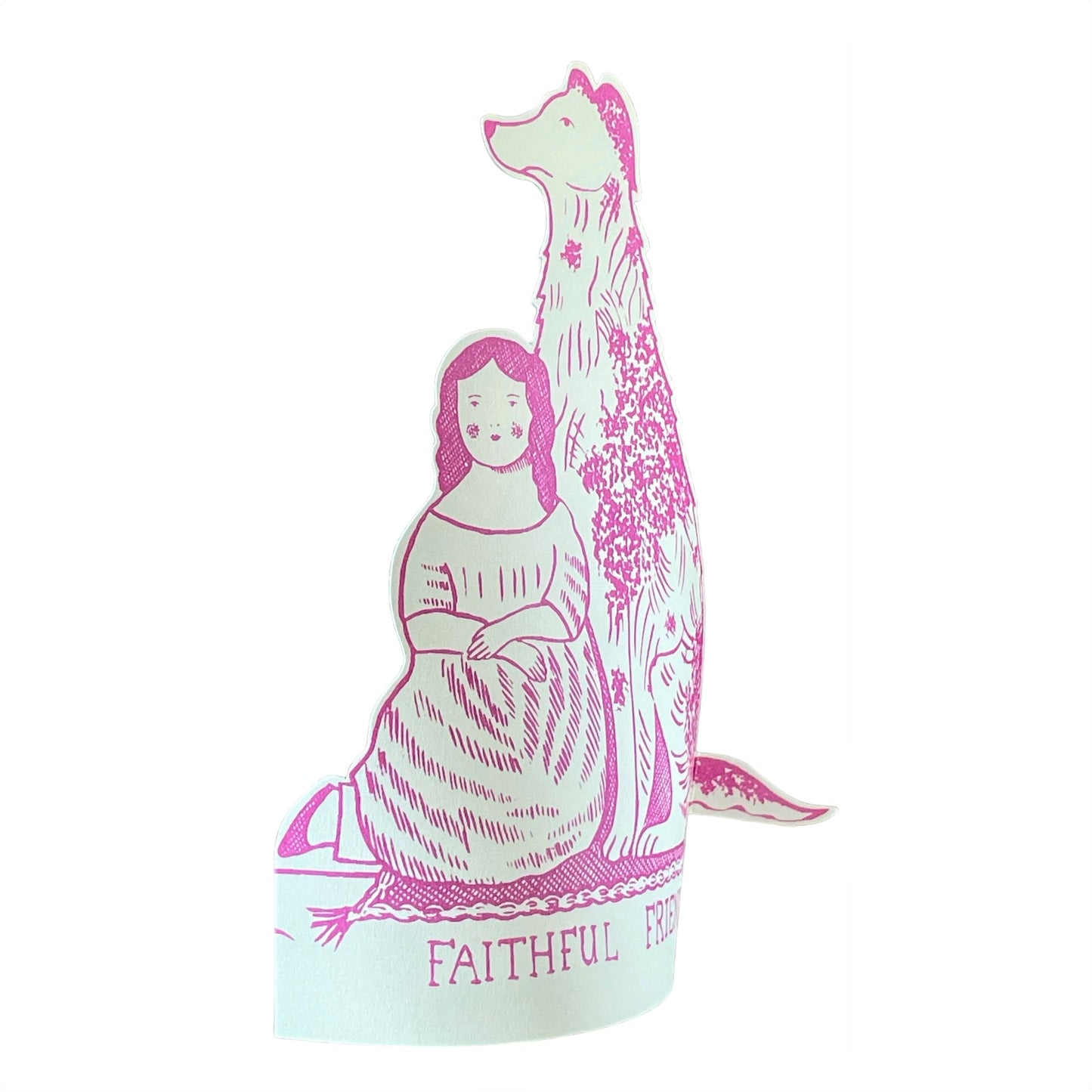 A cut-out and stand-up greetings card of a pink dog, by Elizabeth Harbour