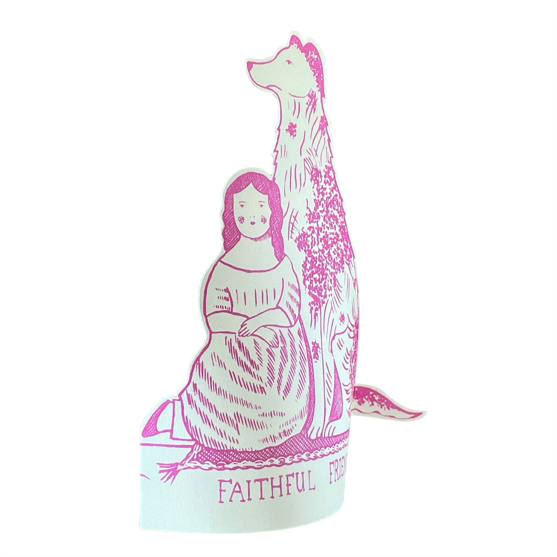 A cut-out and stand-up greetings card of a pink dog, by Elizabeth Harbour