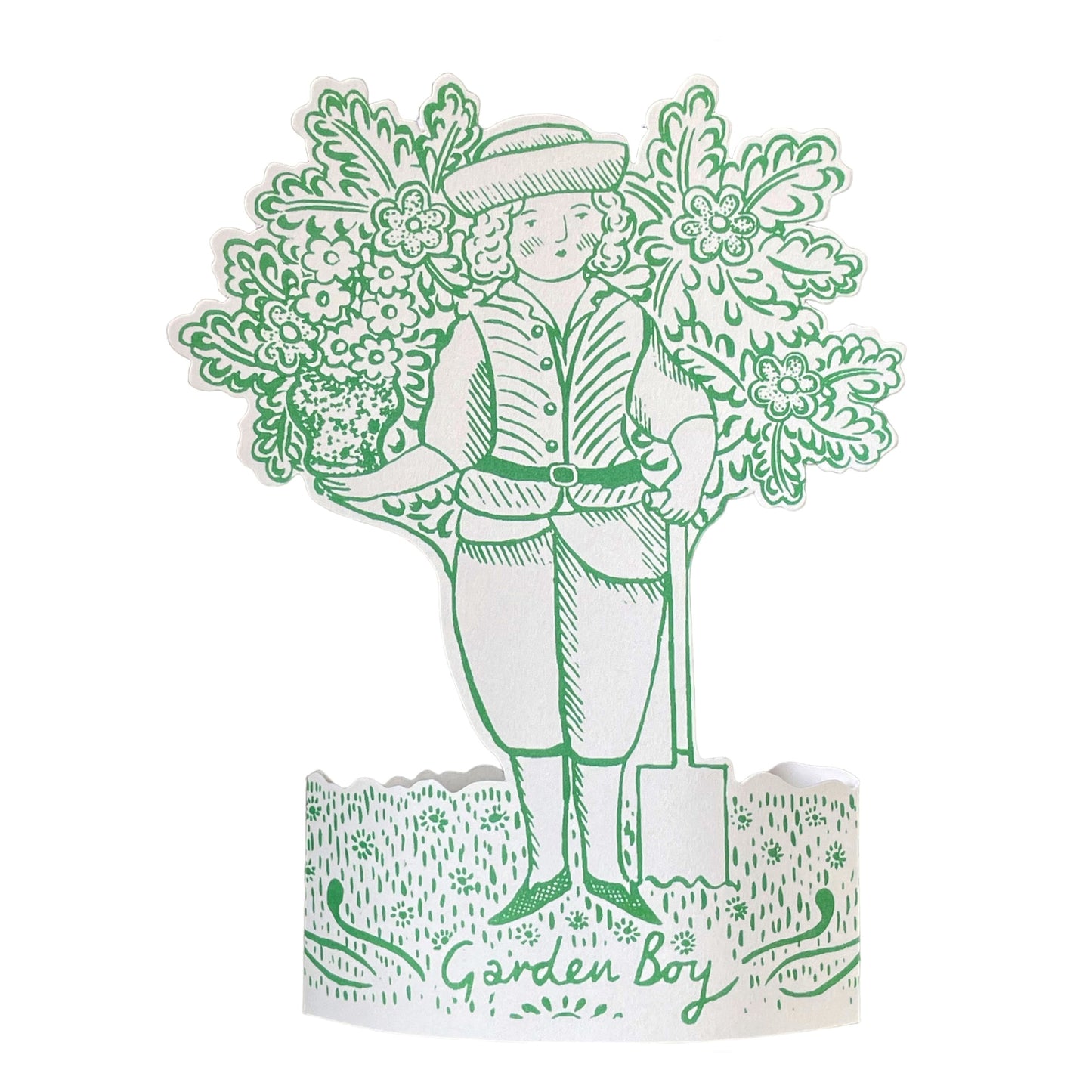 A cut-out and stand up greetings card of a garden boy next to a small tree, by Elizabeth Harbour