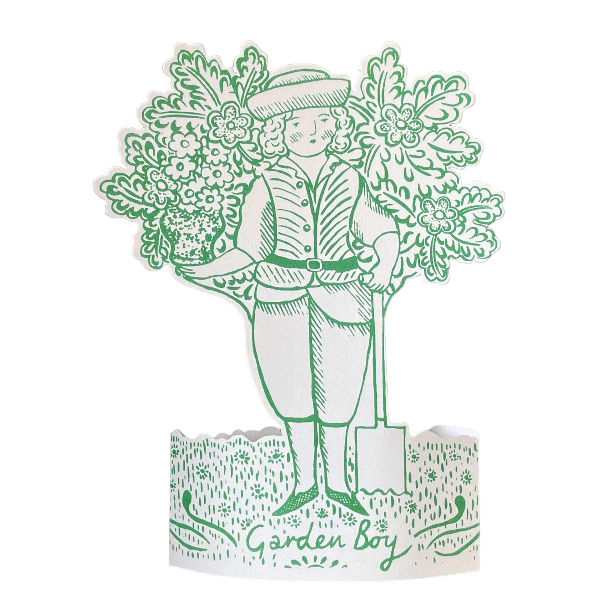 A cut-out and stand up greetings card of a garden boy next to a small tree, by Elizabeth Harbour