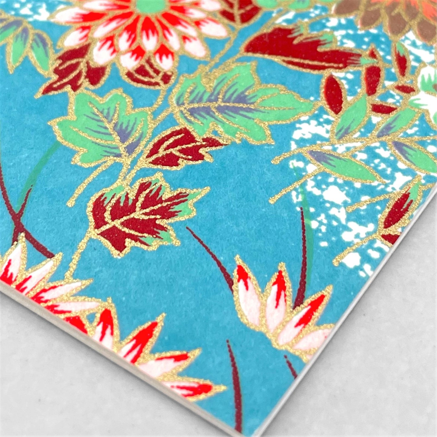 japanese silk-screen printed greetings card with a multi-colour bouquet of flowers pattern on a teal backdrop by Esmie