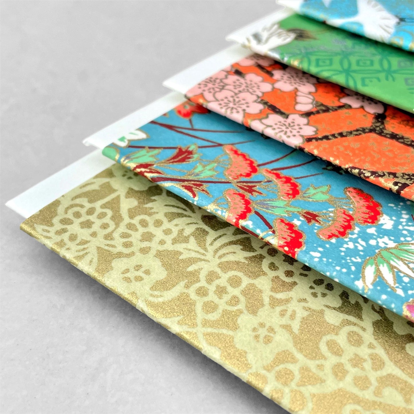 japanese silk-screen printed greetings card with a floral repeat pattern in two-tone gold by Esmie