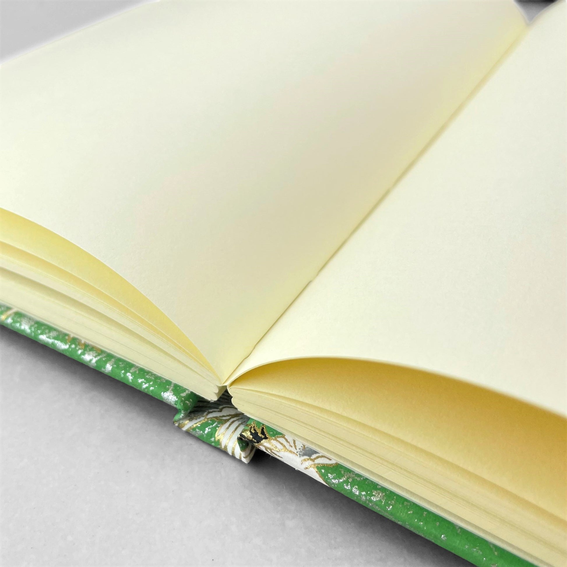 hardback A5 plain notebook with cover made of japanese silkscreen chiyogami paper. Large white cranes in flight on a green background by Esmie