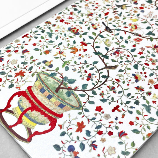 greetings card of a plant in an ornate pot and floral chinese wallpaper in the background by Ezen Design
