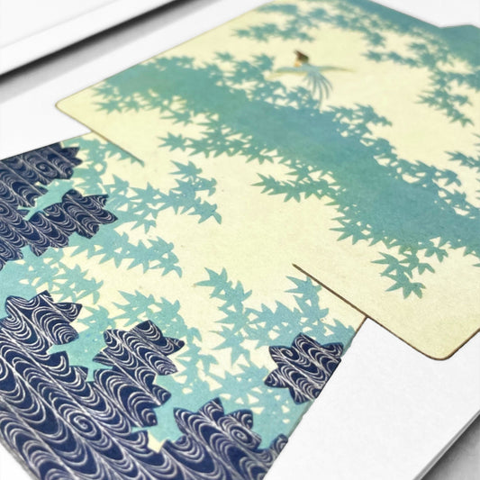 greetings card showing a drawing of a blue kimono with maple leaf design by Ezen Design