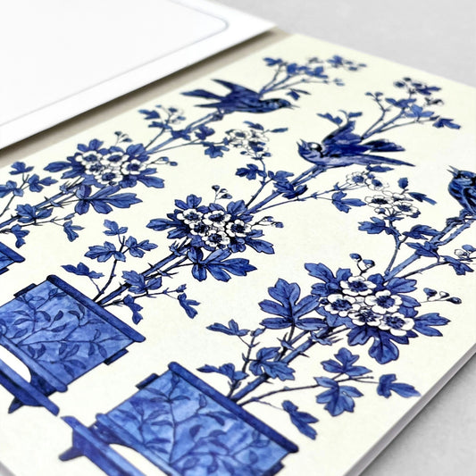 greetings card showing three blue flower pots with a bird in each by Ezen Design