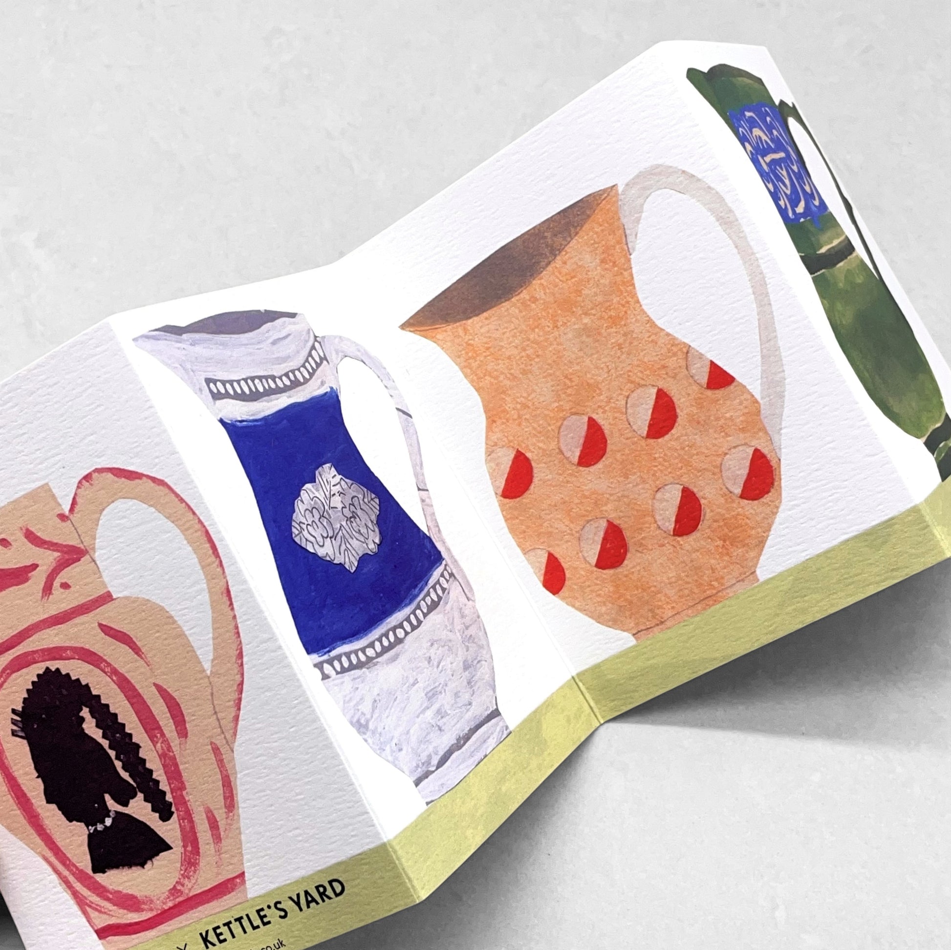 concertina greetings card of four patterned jugs on four folds, by Hadley Paper Goods