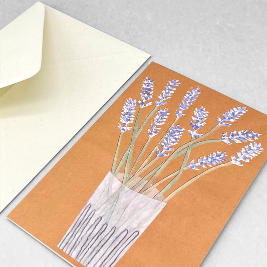 greetings card showing a glass full of lavender with a brown background by Hadley Paper Goods