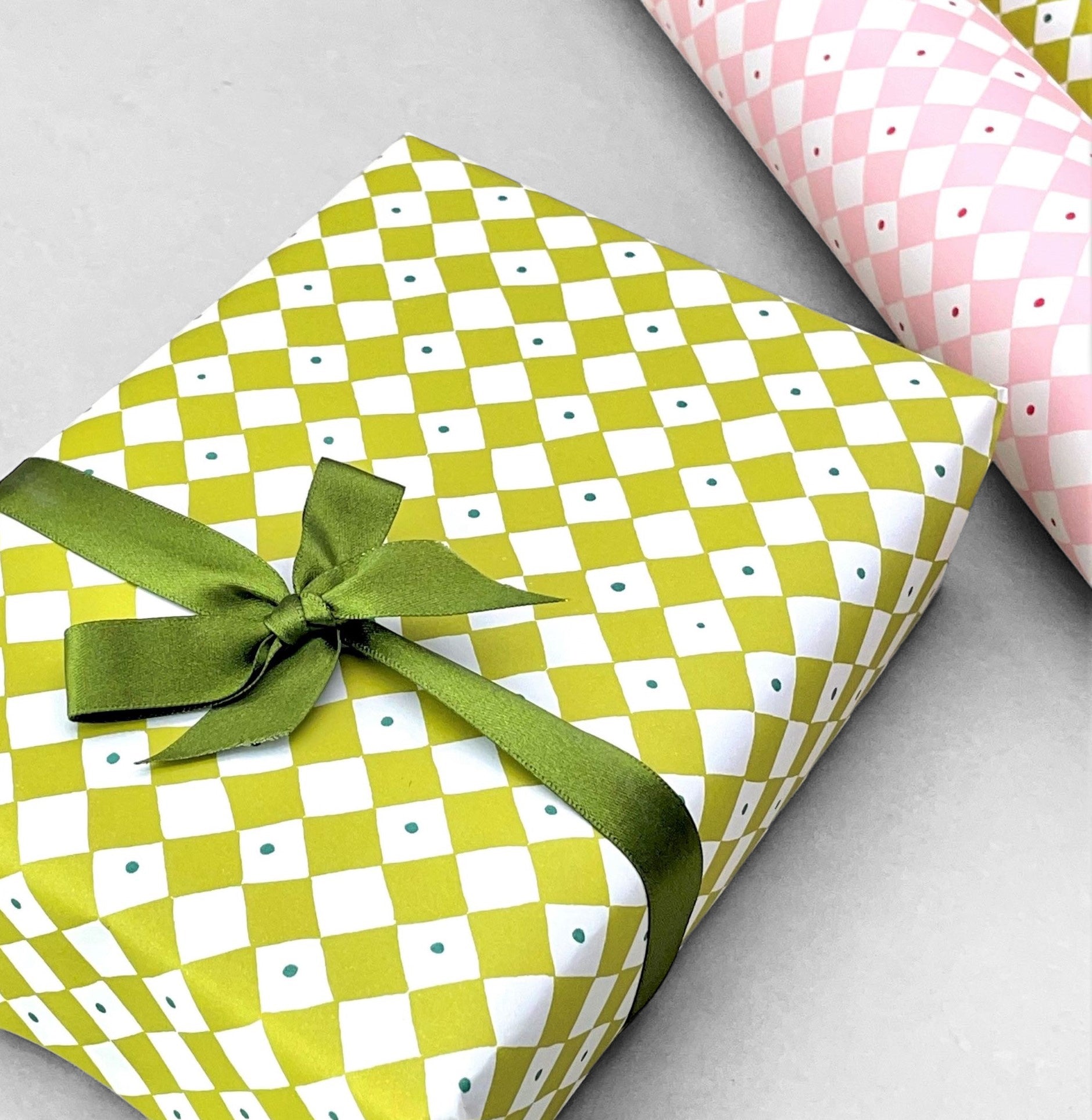 wrapping paper with lime green and white diagonal checkerboard pattern by Heather Evelyn