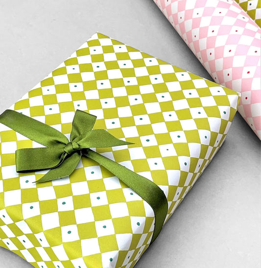 wrapping paper with lime green and white diagonal checkerboard pattern by Heather Evelyn