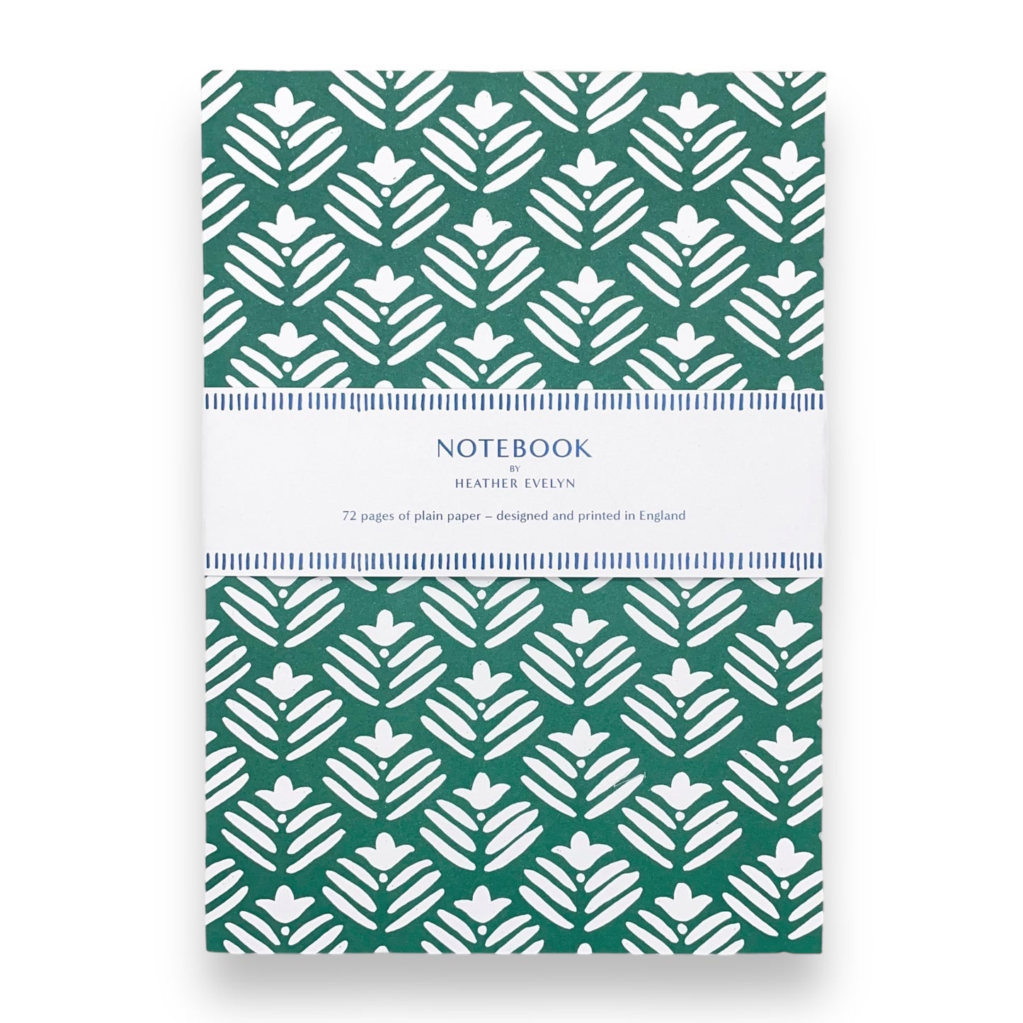 A5 notebook with dark green cover and a repeat pattern of white flowers by Heather Evelyn