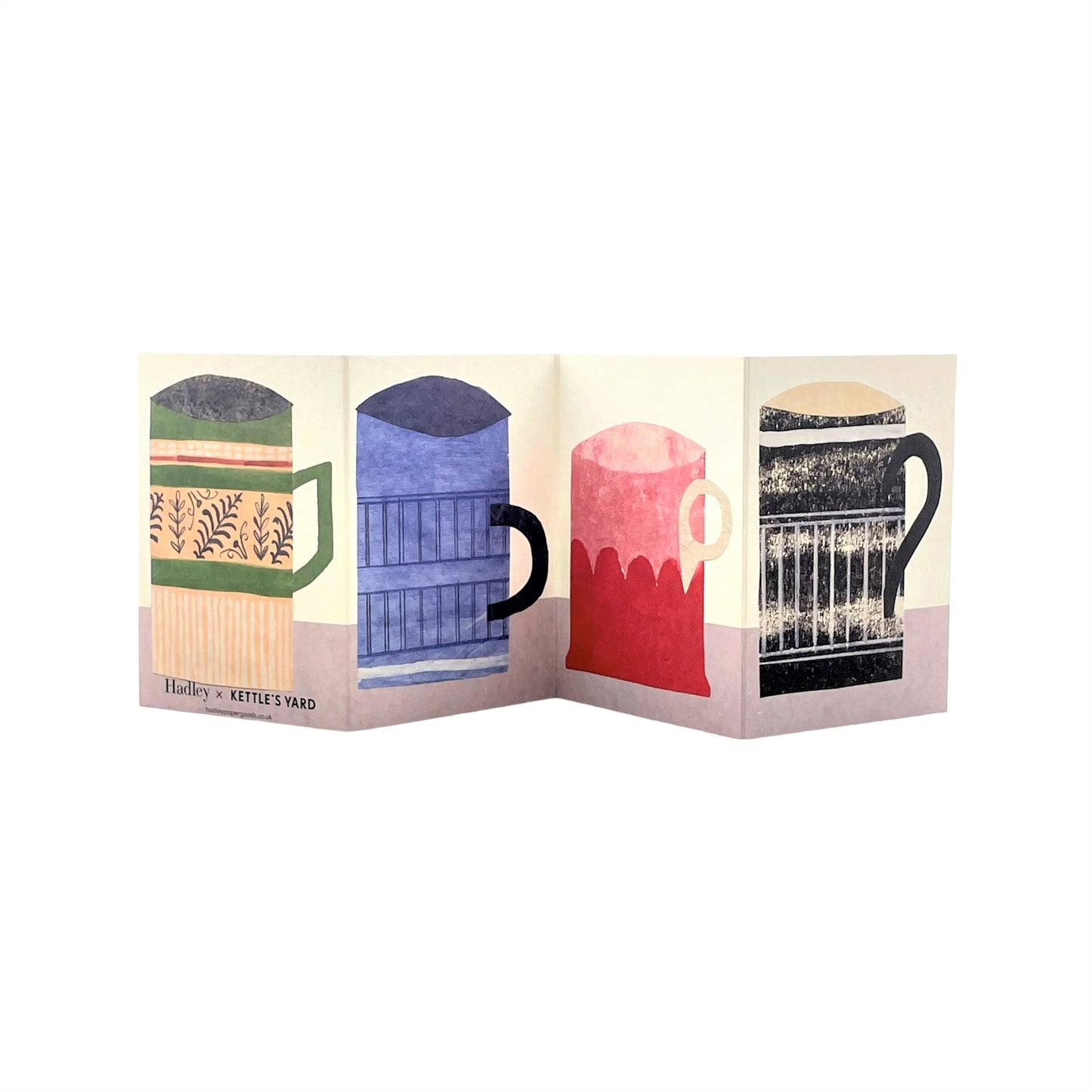 a concertina greetings card of 4 colourful mugs, by Hadley Paper Goods