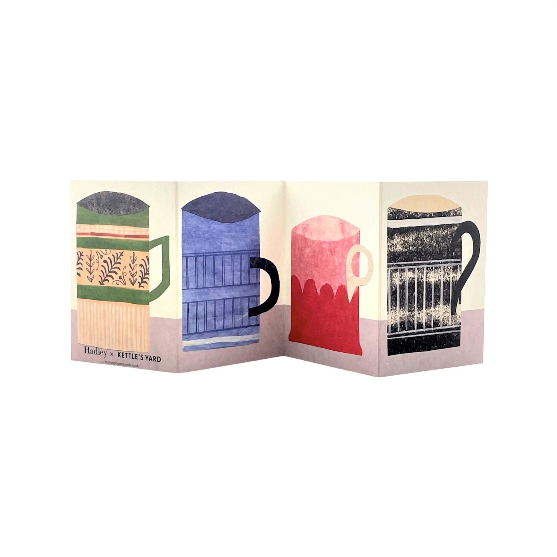 a concertina greetings card of 4 colourful mugs, by Hadley Paper Goods