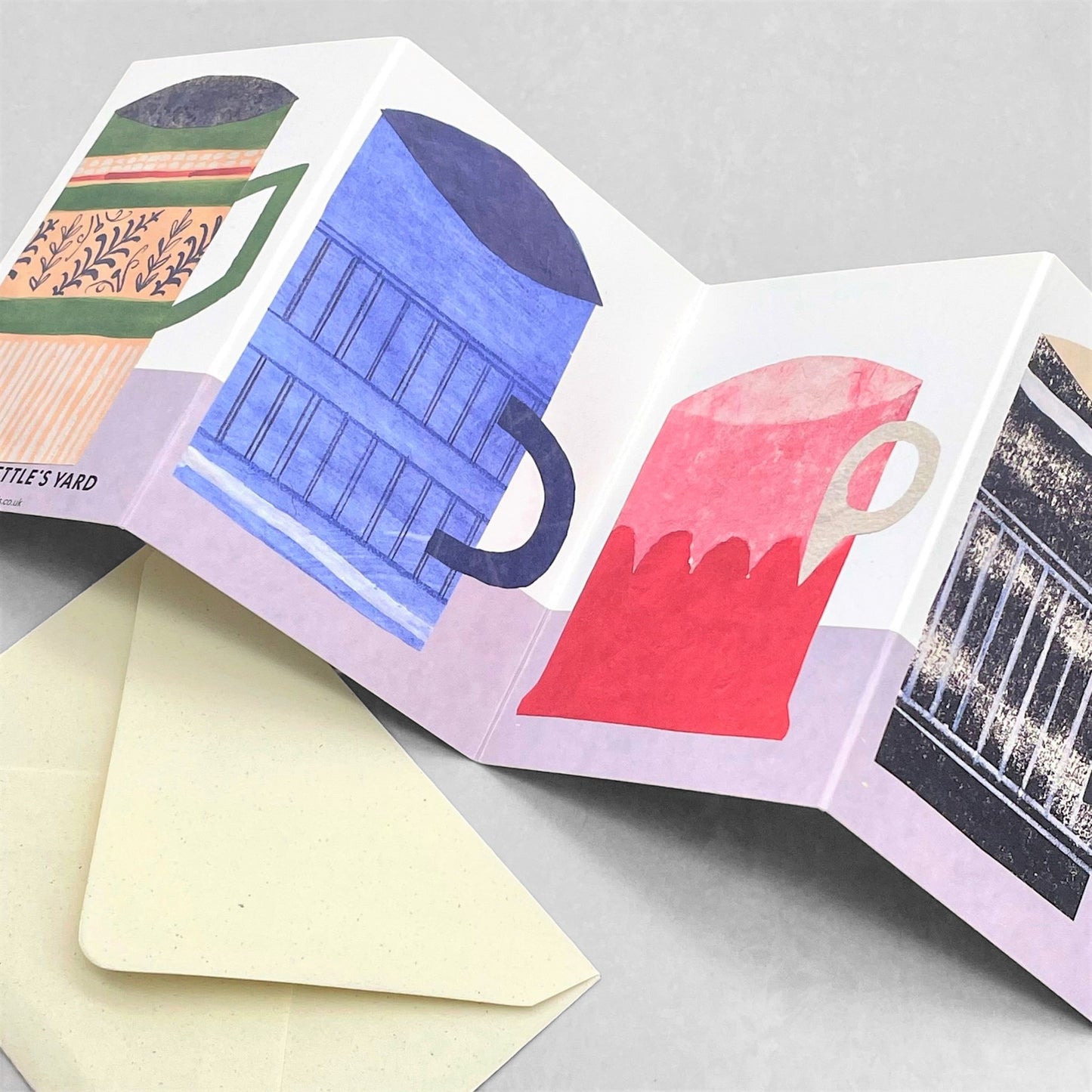 a concertina greetings card of 4 colourful mugs, by Hadley Paper Goods