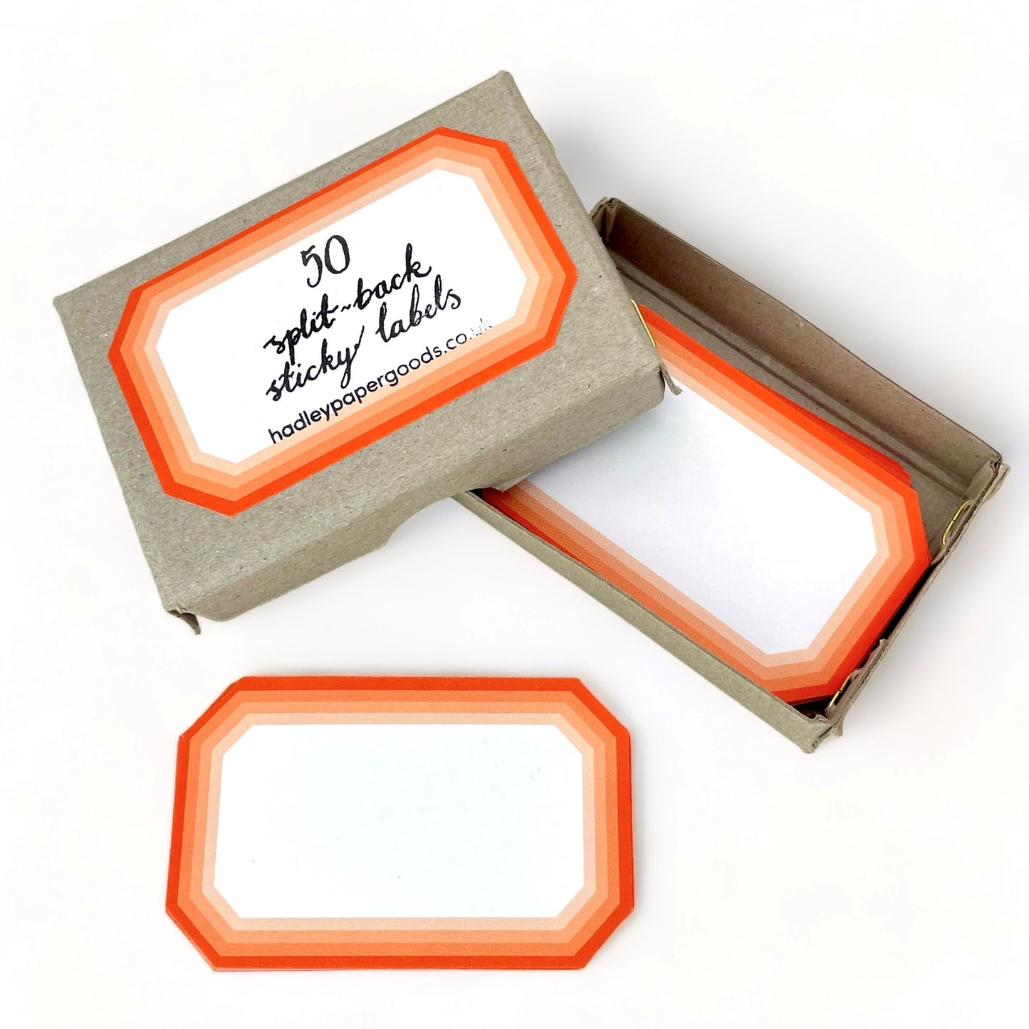 box of 50 white labels with orange border, by Hadley Paper Goods