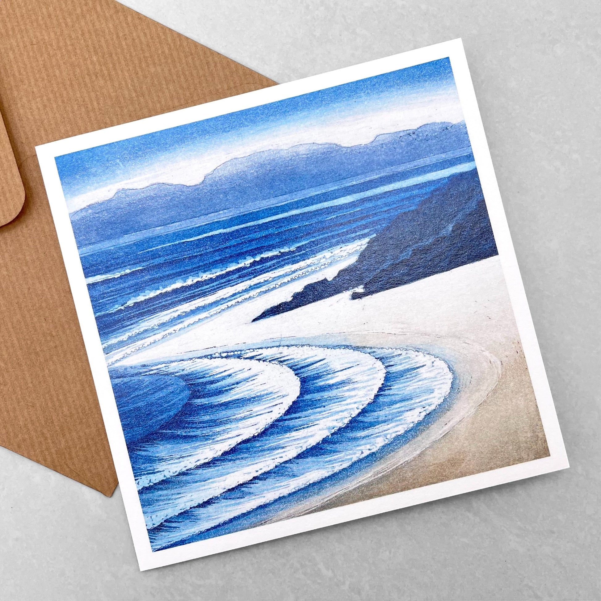 greetings card showing a drawing of the beach and tide at Gower by John Austin Publishing