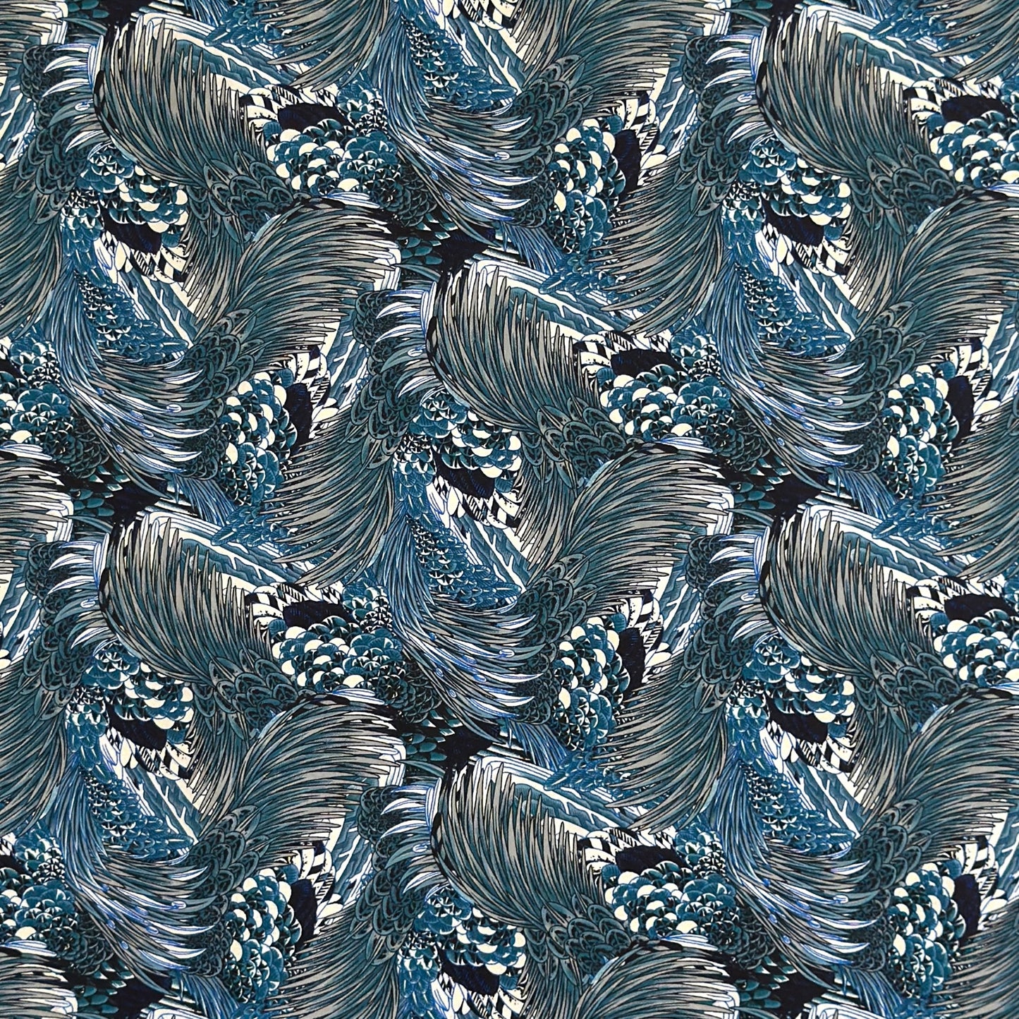 Detailed pattern of the plumage of feathers in tones of blue. Japanese chiyogami paper