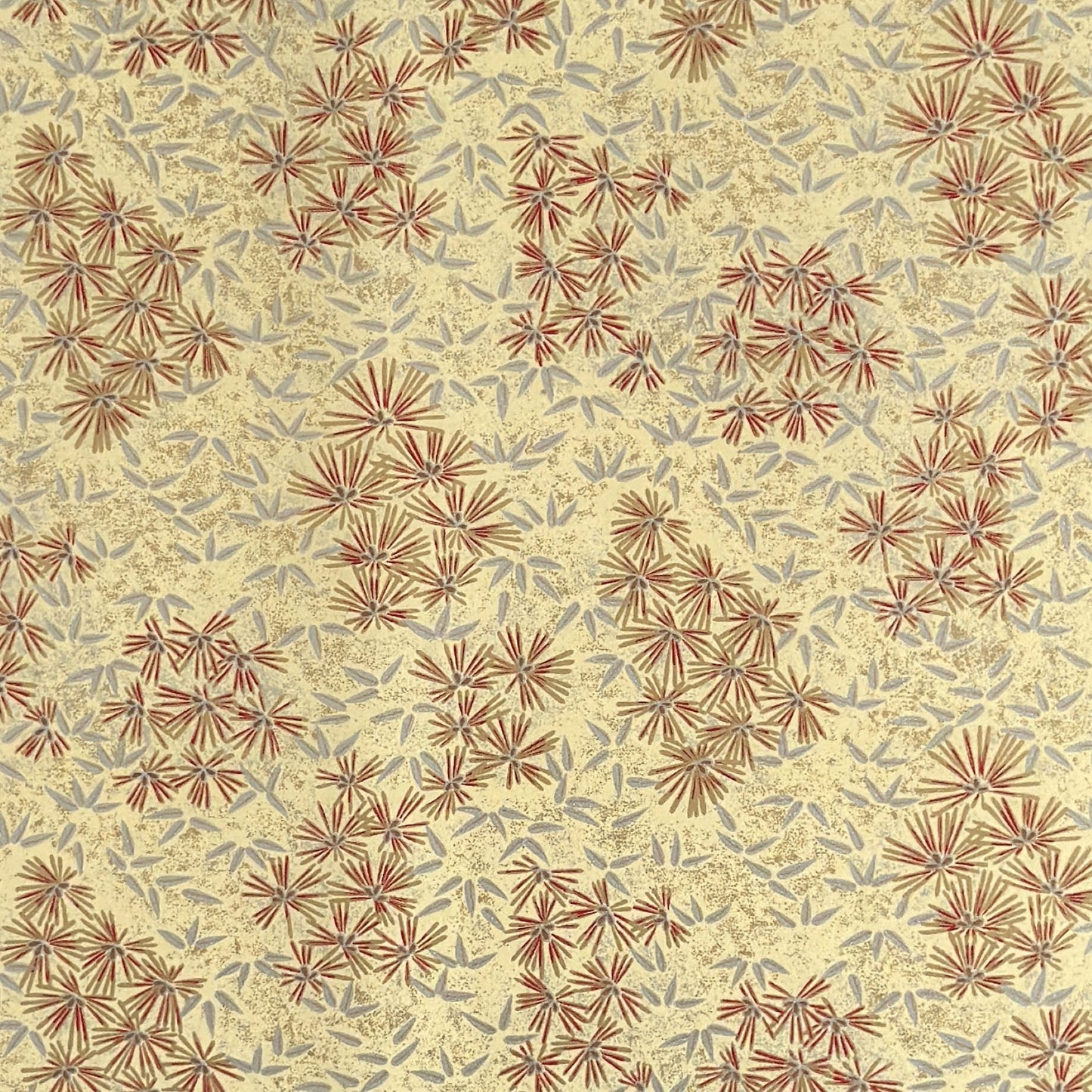 Pattern of scattered pine needles (matsuba) in gold and silver on a cream backdrop. Japanese chiyogami paper