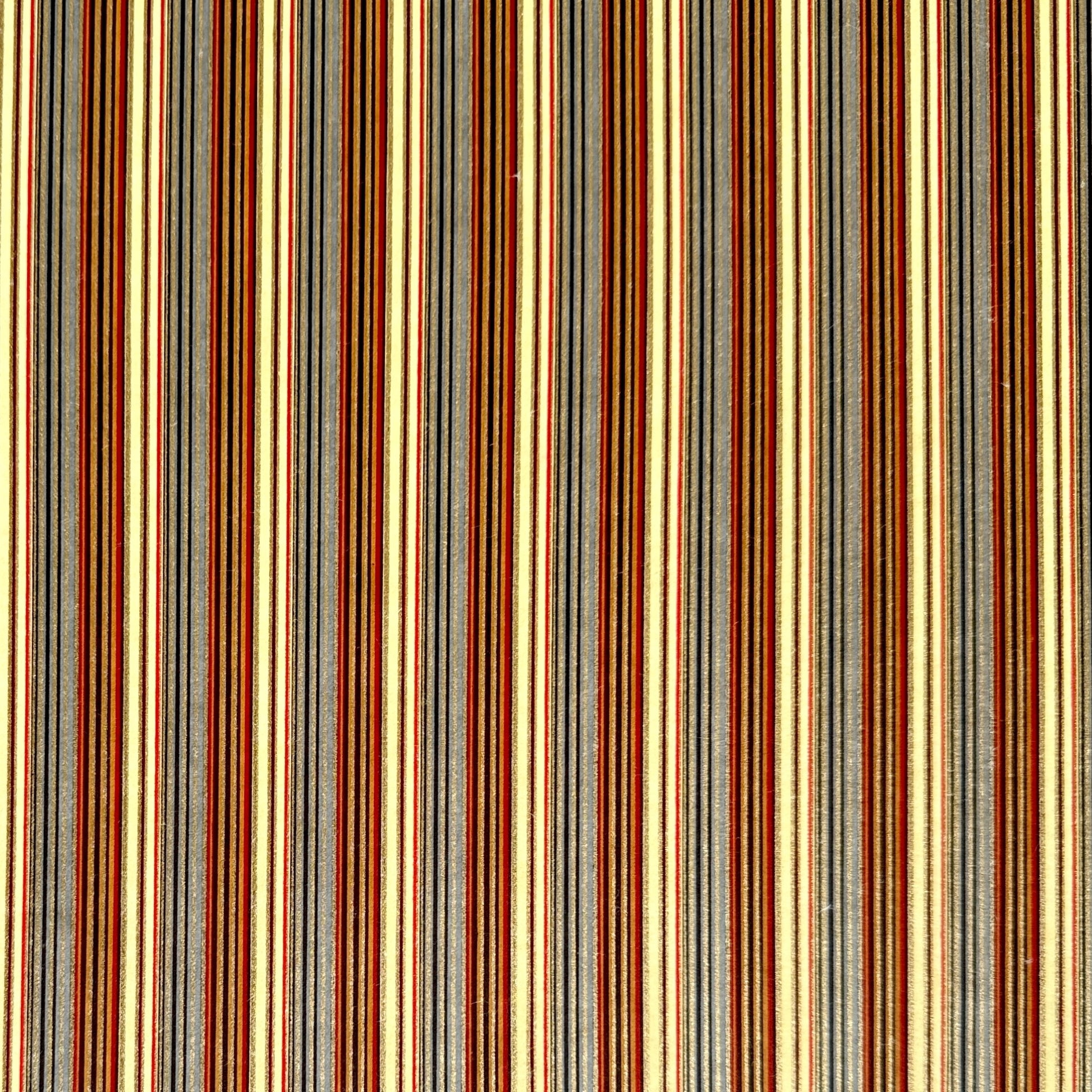 Japanese silkscreen chiyogami paper with a classic narrow stripe pattern in earthy tones of brown, grey, cream, black and gold.