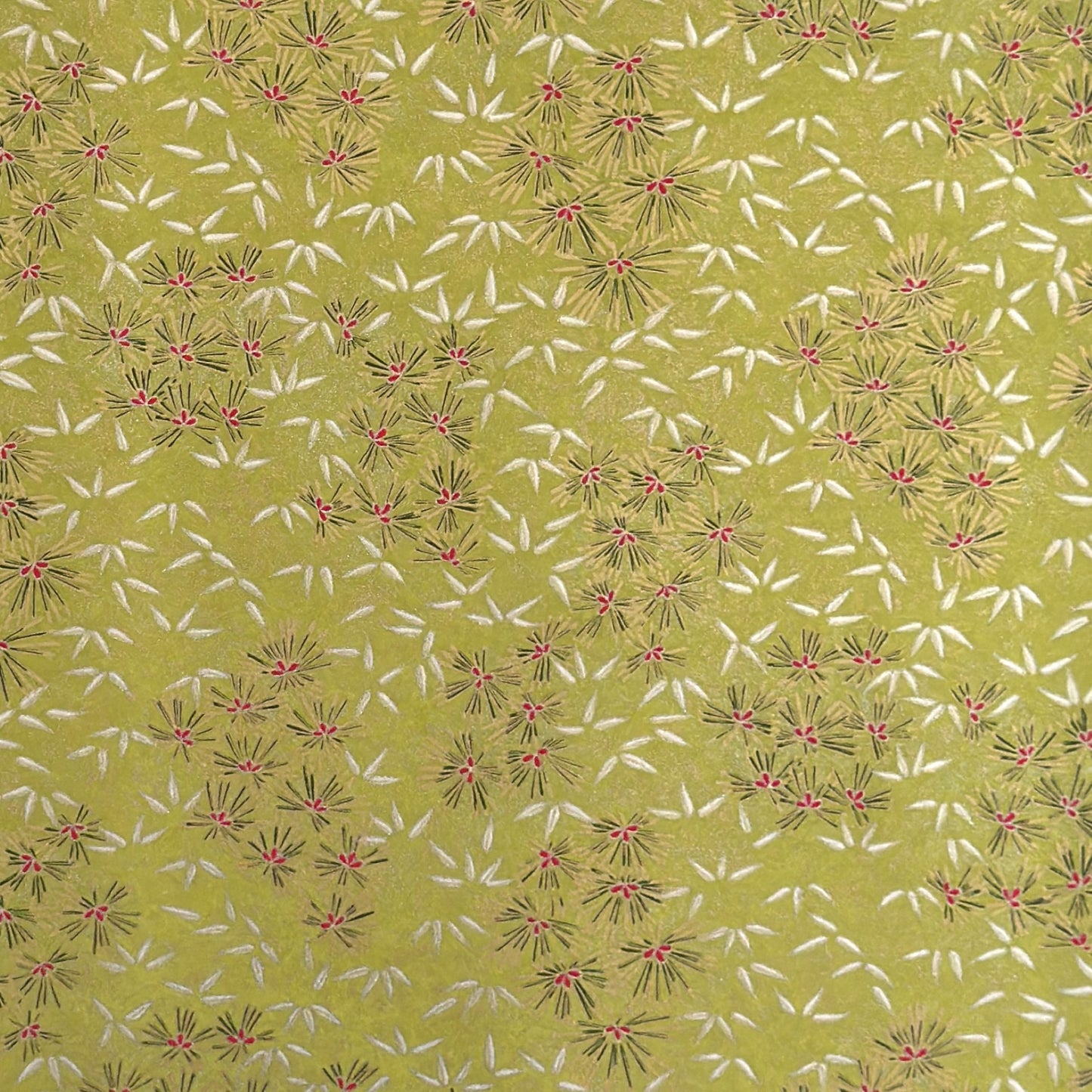 Pattern of scattered pine needles (matsuba) in gold and silver on an olive backdrop. Japanese chiyogami paper