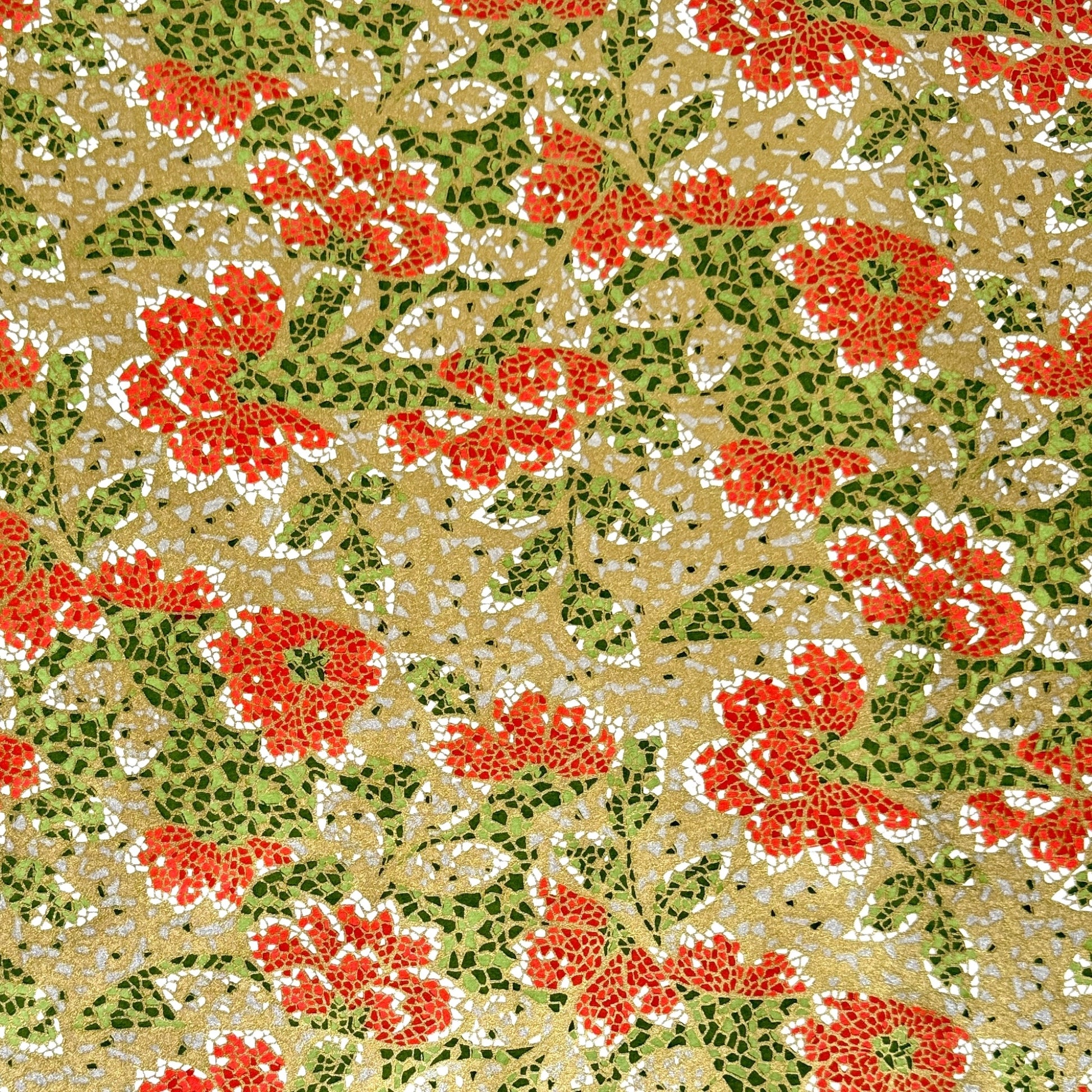 Japanese silkscreen chiyogami paper with a mosaic pattern of scarlet chrysanthemums on gold with green foliage.